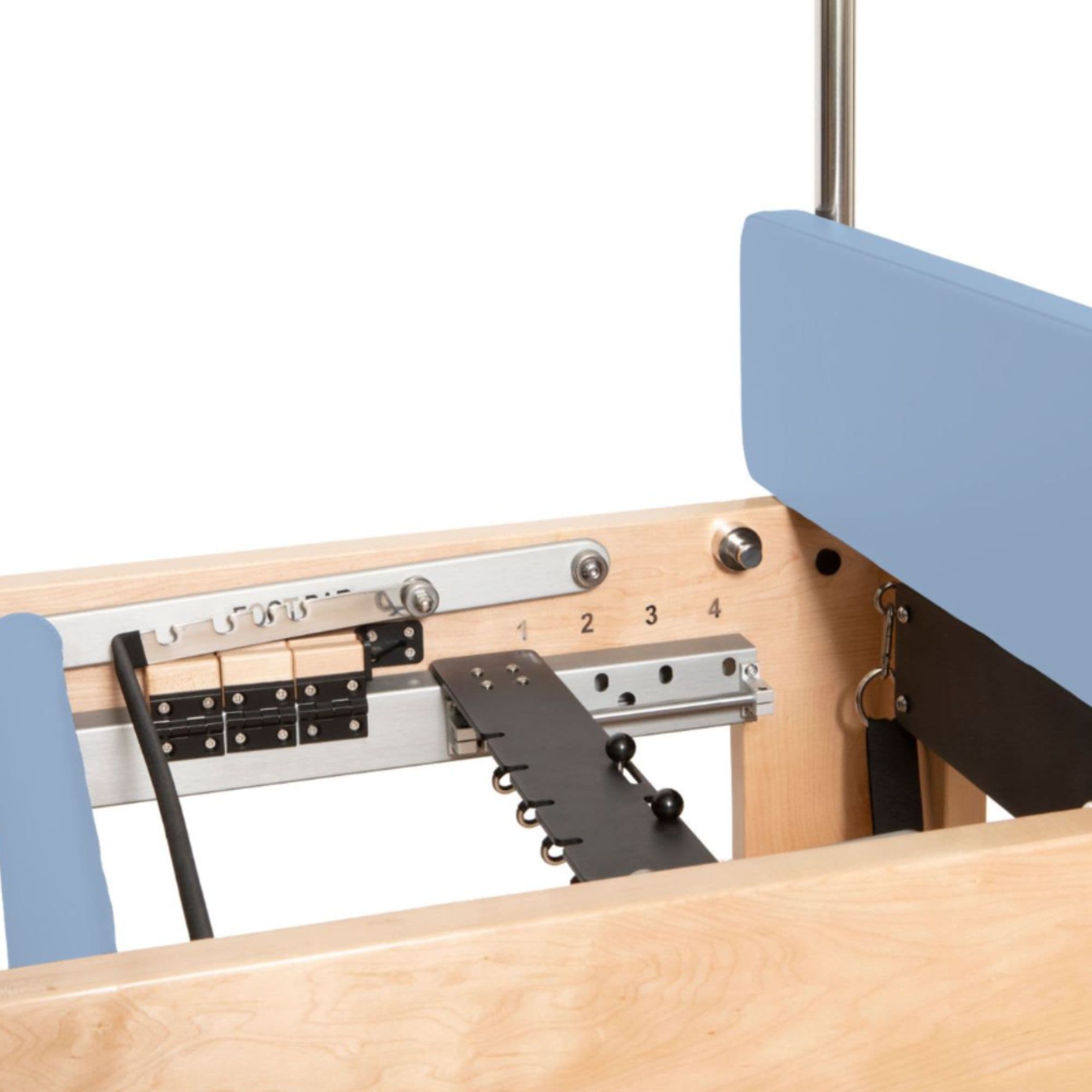 Elina Pilates Cadillac Trapeze Table Close-Up View Showing Adjustable Spring Bar Position Settings