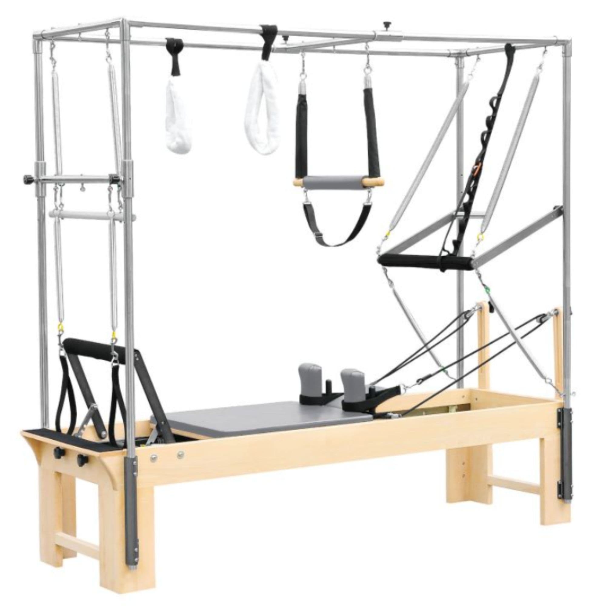 Elina Pilates Cadillac Trapeze Table Gray Variant Front Angled View Showing Full Tower Attachment On White Background