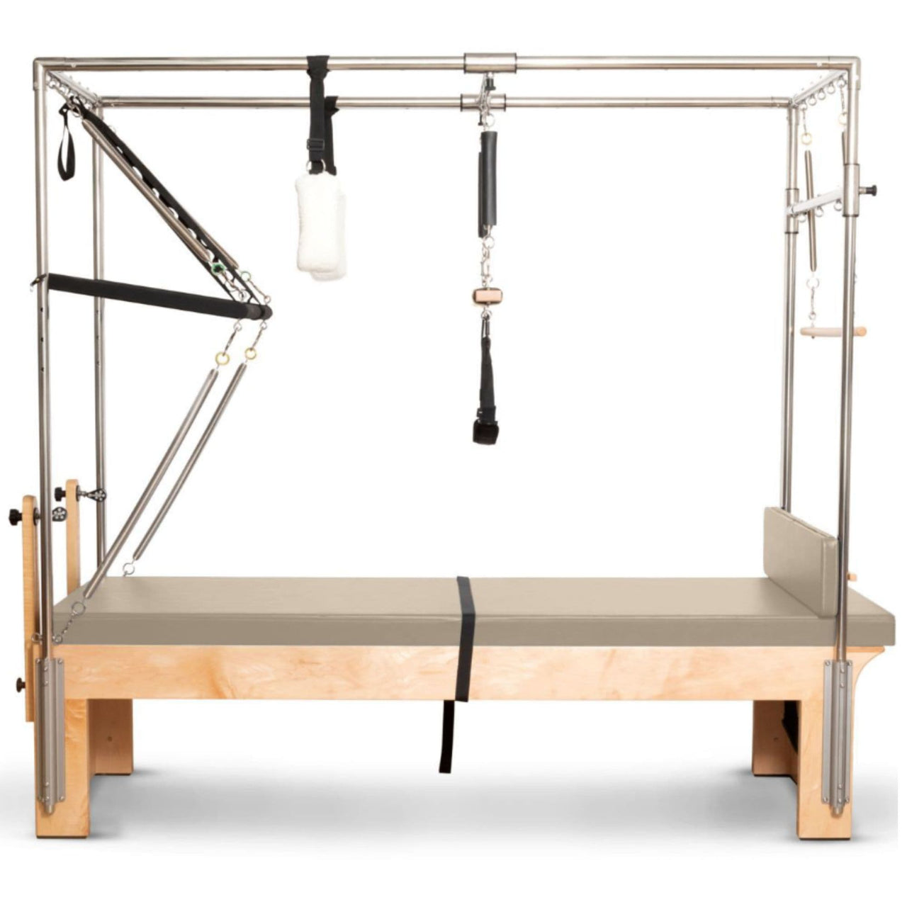 Elina Pilates Cadillac Trapeze Table Light Mocha Variant Side View Showing Full Tower Attachment On White Background