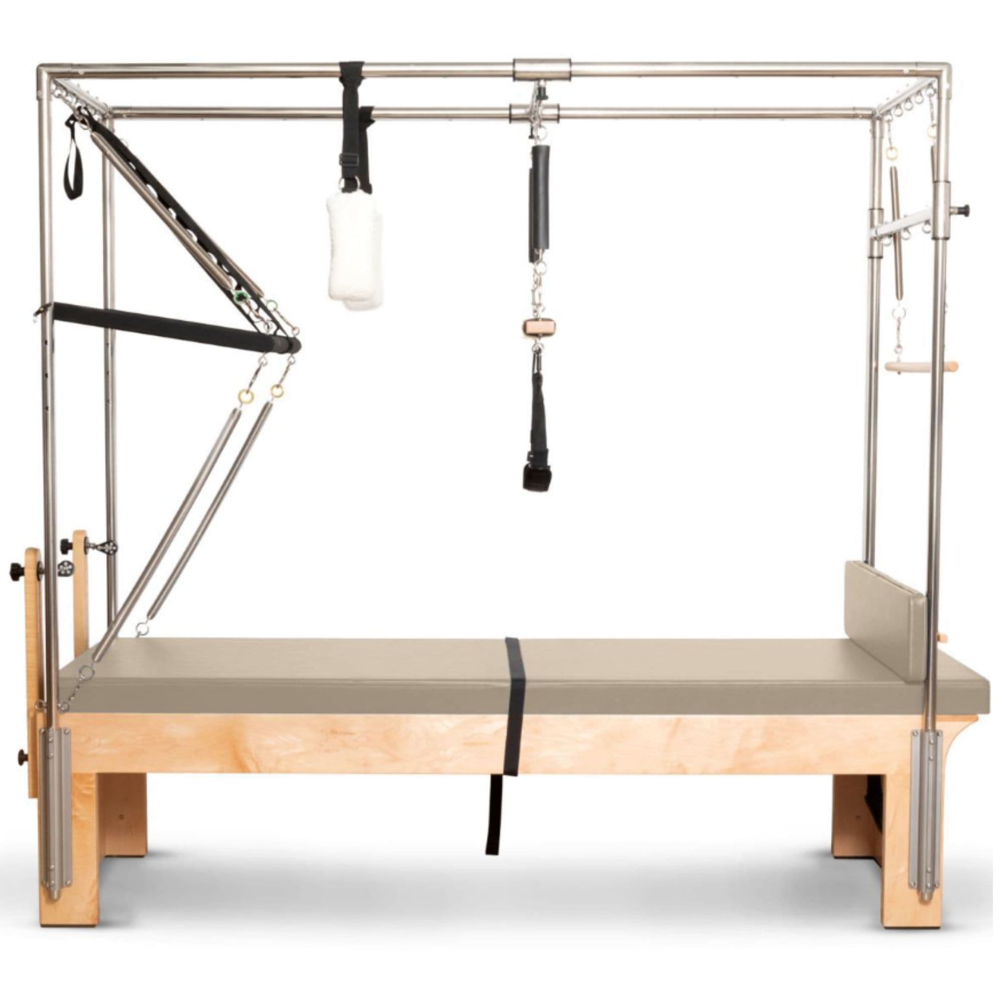 Elina Pilates Cadillac Trapeze Table Light Mocha Variant Side View Showing Full Tower Attachment On White Background