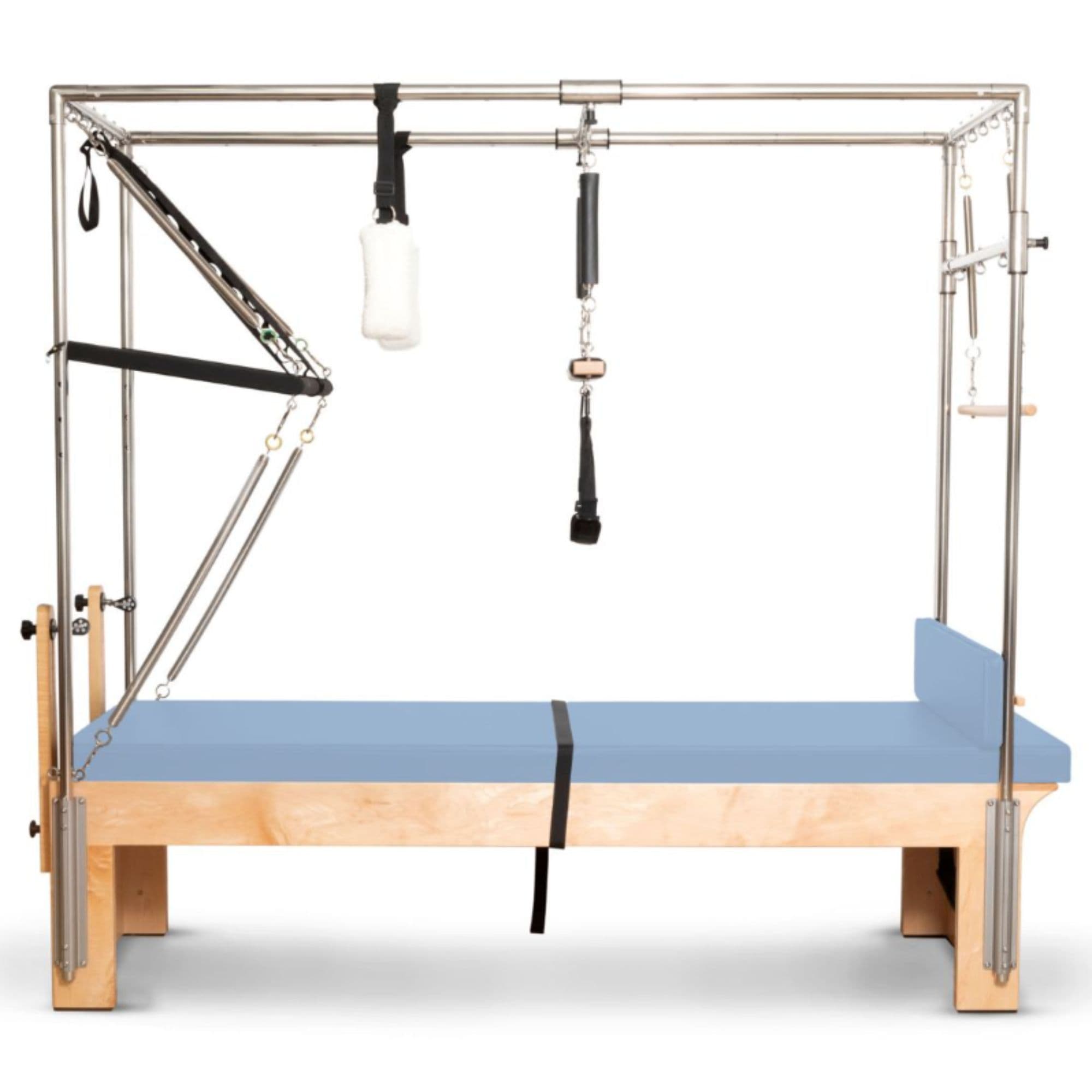 Elina Pilates Cadillac Trapeze Table Ocean Blue Variant Side View Showing Full Tower Attachment On White Background