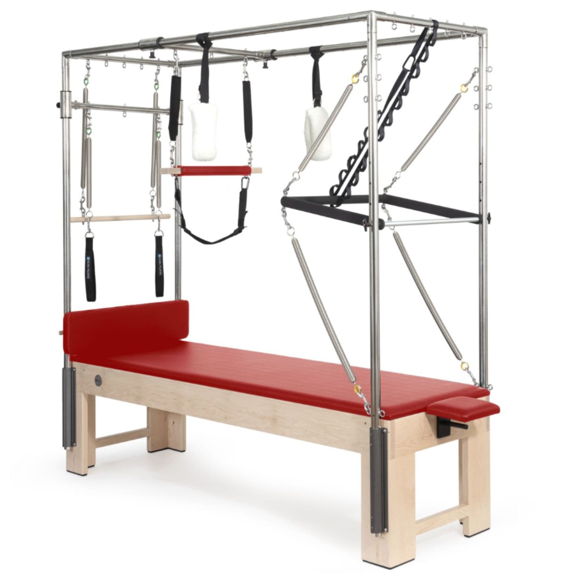 Elina Pilates Cadillac Trapeze Table Red Variant Front Angled View Showing Full Tower Attachment On White Background