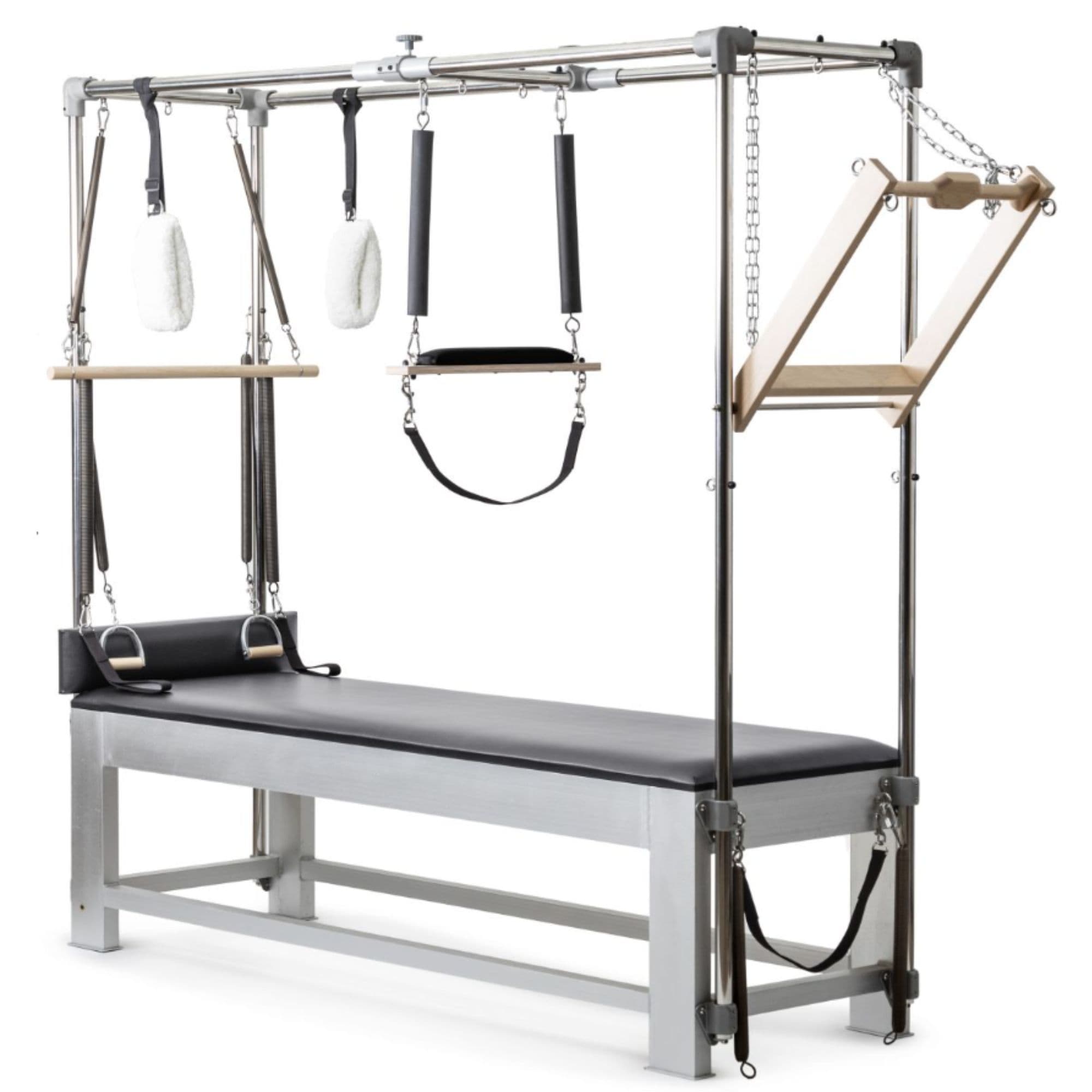Elina Pilates Classic Aluminium Cadillac Trapeze with Accessories Black Variant Front Angled View On White Background