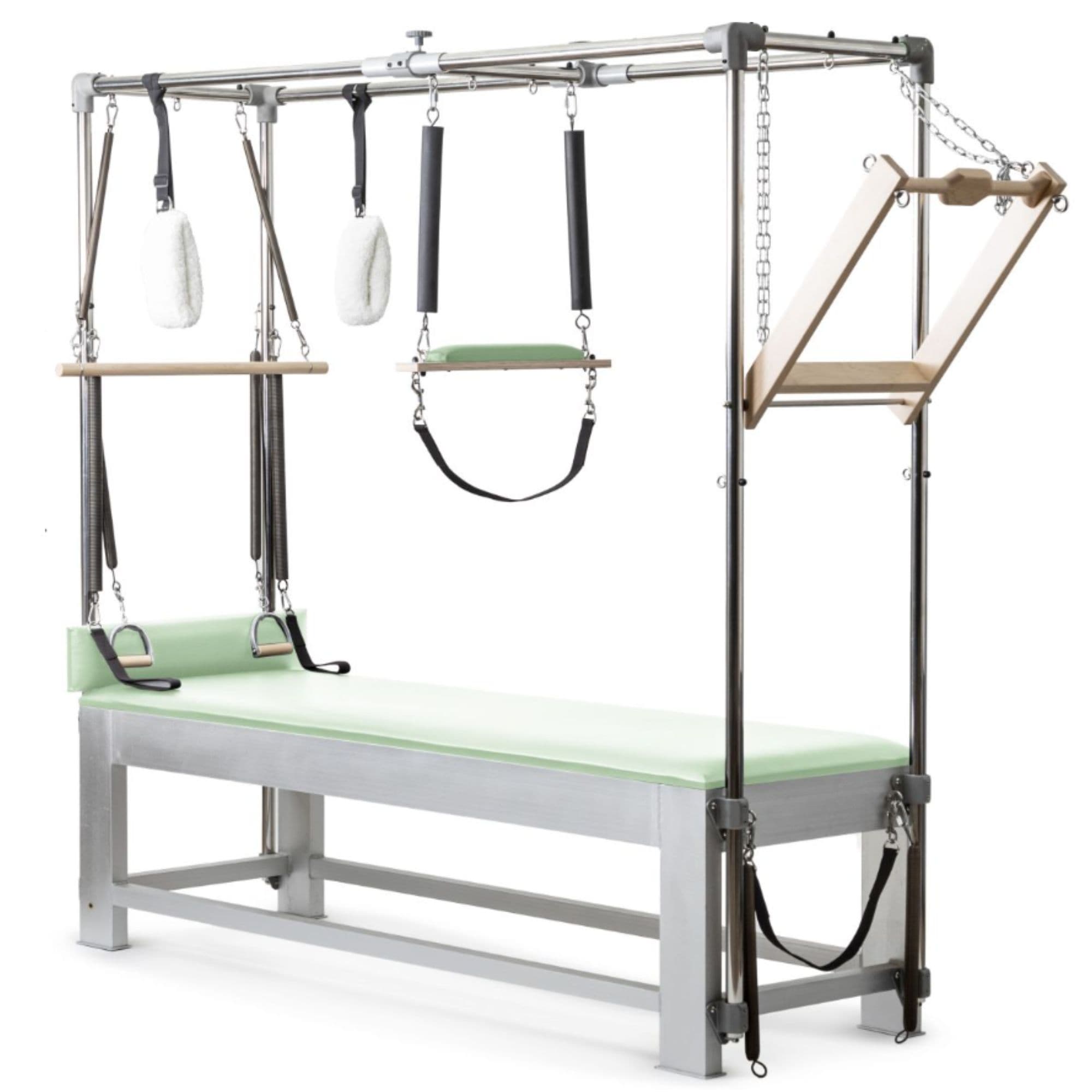 Elina Pilates Classic Aluminium Cadillac Trapeze with Accessories Green Variant Front Angled View On White Background