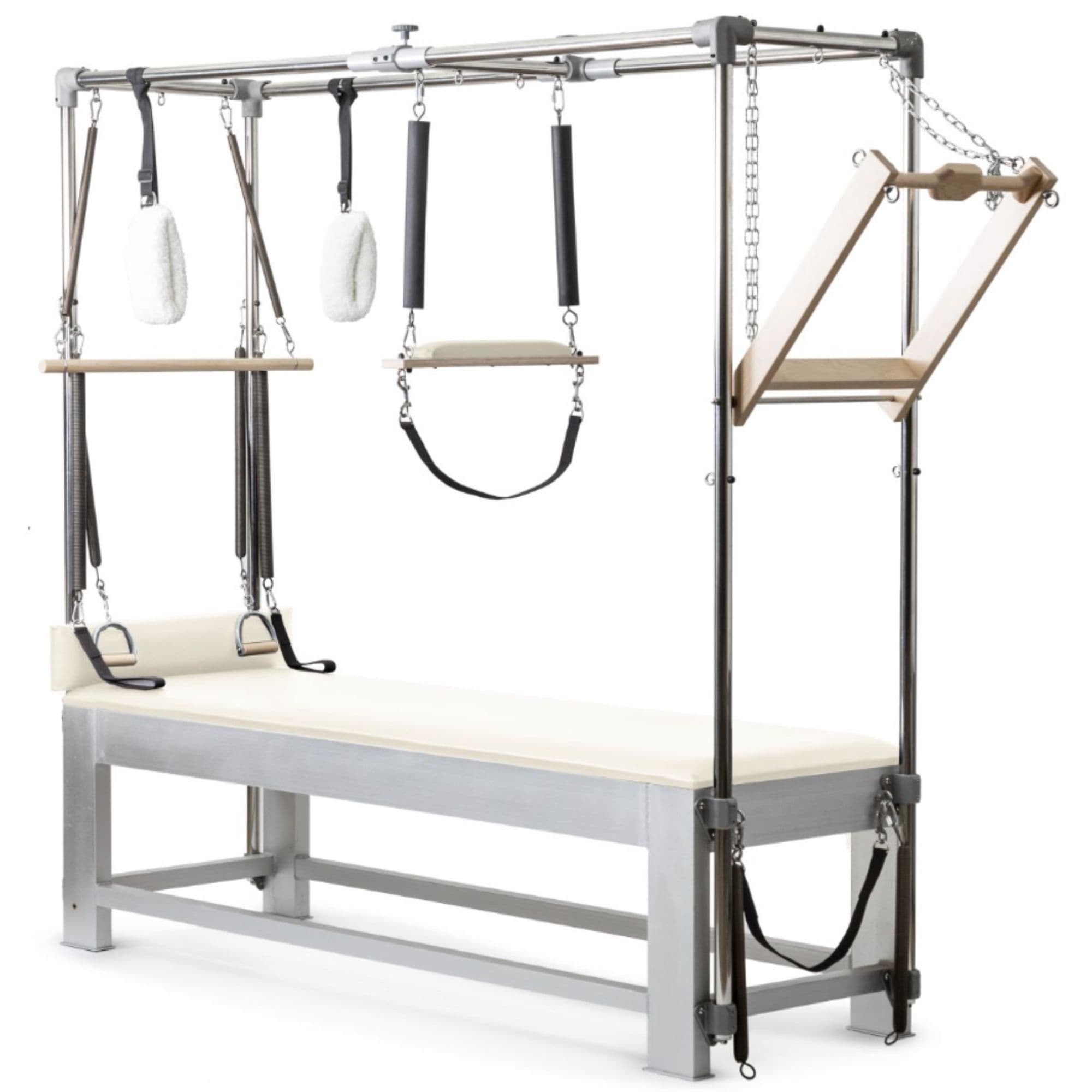 Elina Pilates Classic Aluminium Cadillac Trapeze with Accessories Ivory Variant Front Angled View On White Background
