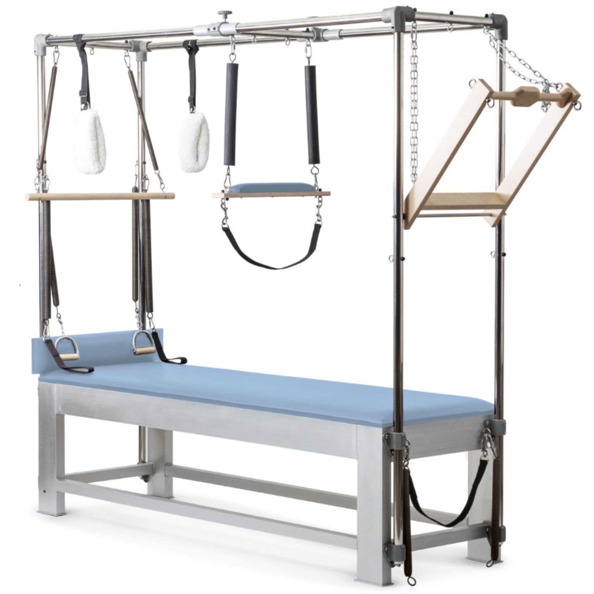 Elina Pilates Classic Aluminium Cadillac Trapeze with Accessories Ocean Blue Variant Front Angled View On White Background