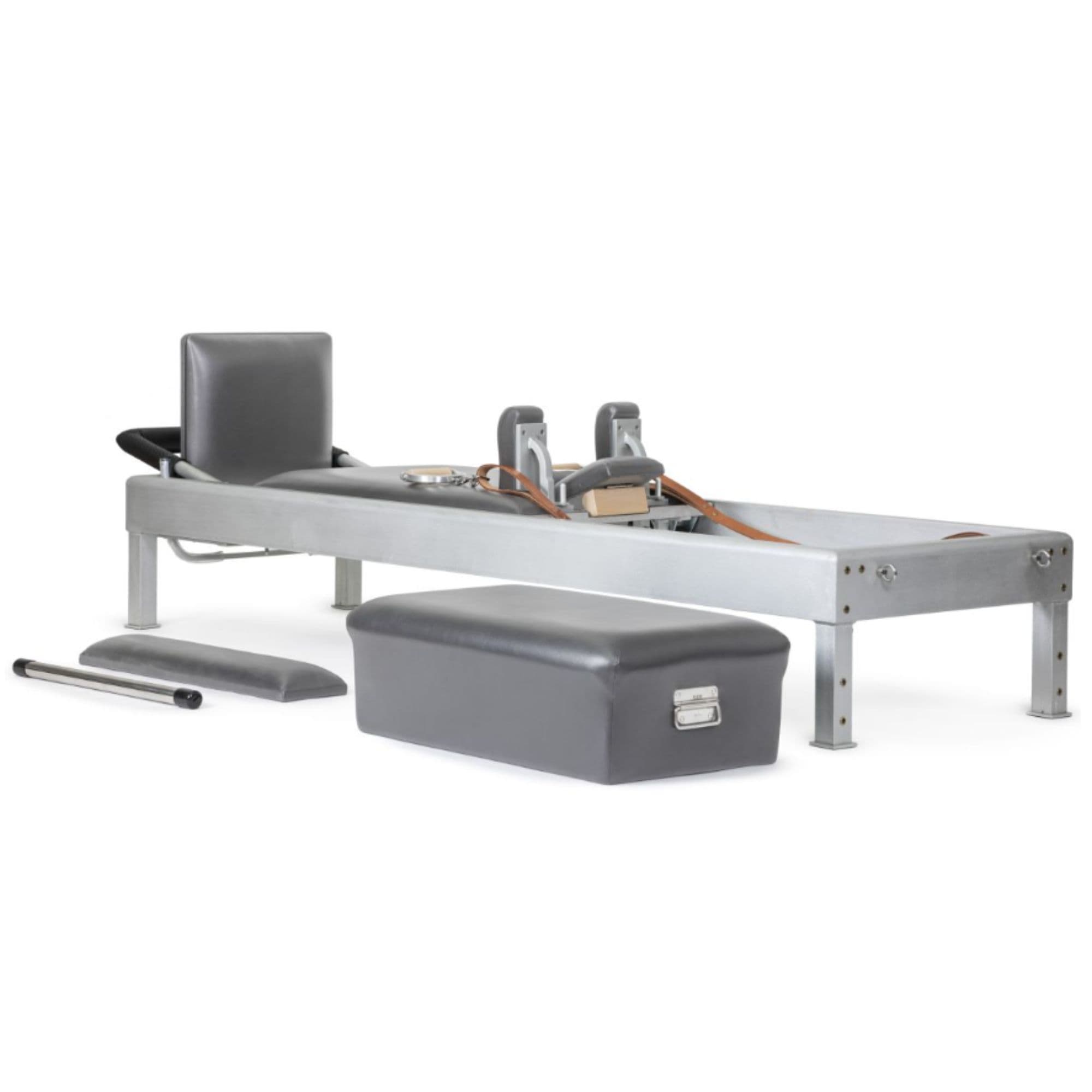 Elina Pilates Classic Aluminium Reformer 86 Inches  Gray Variant With Complete Accessories On White Background