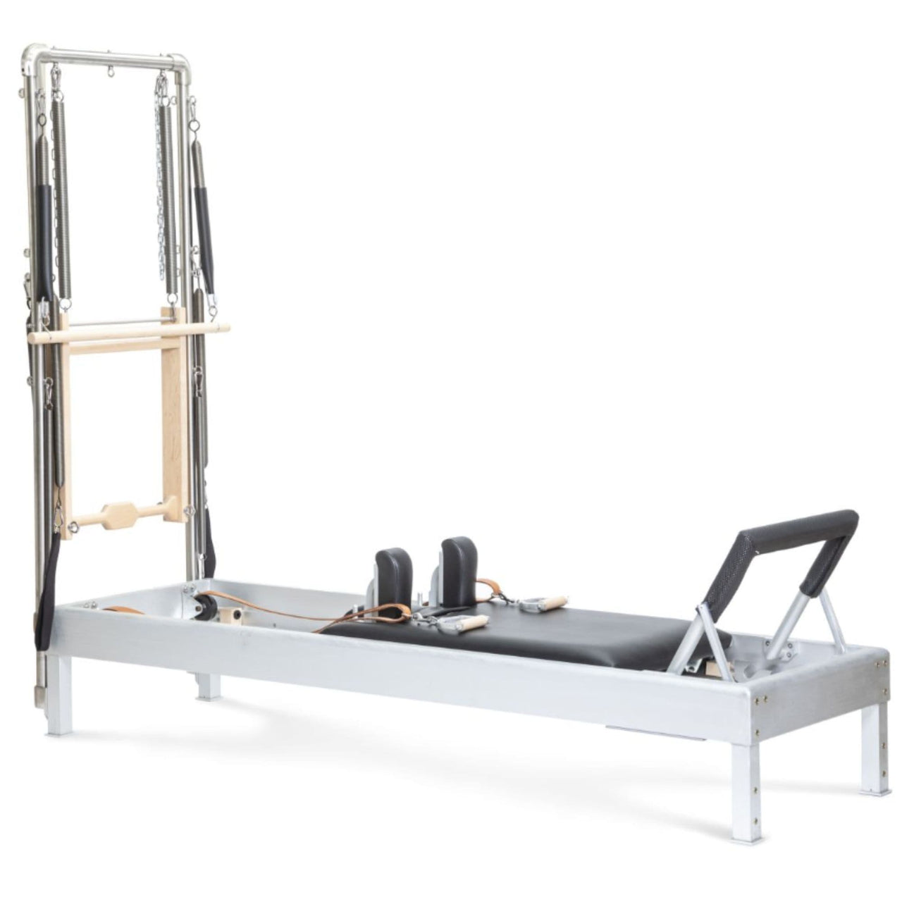 Elina Pilates Classic Aluminium Reformer with Tower 86 Inches Black Variant Front Angled View On White Background