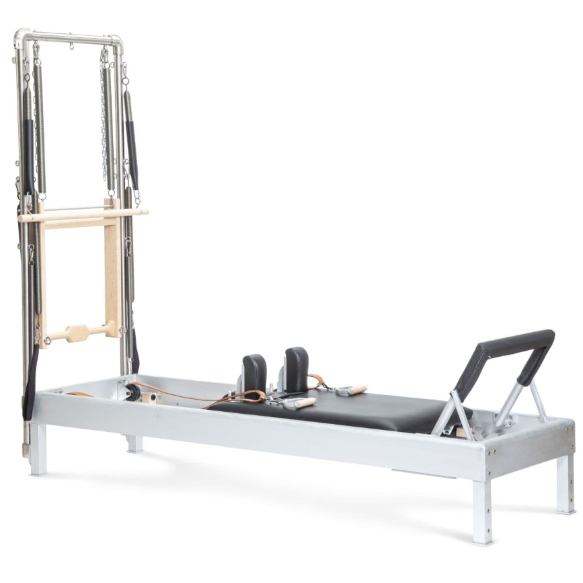 Elina Pilates Classic Aluminium Reformer with Tower 86 Inches Black Variant Front Angled View On White Background