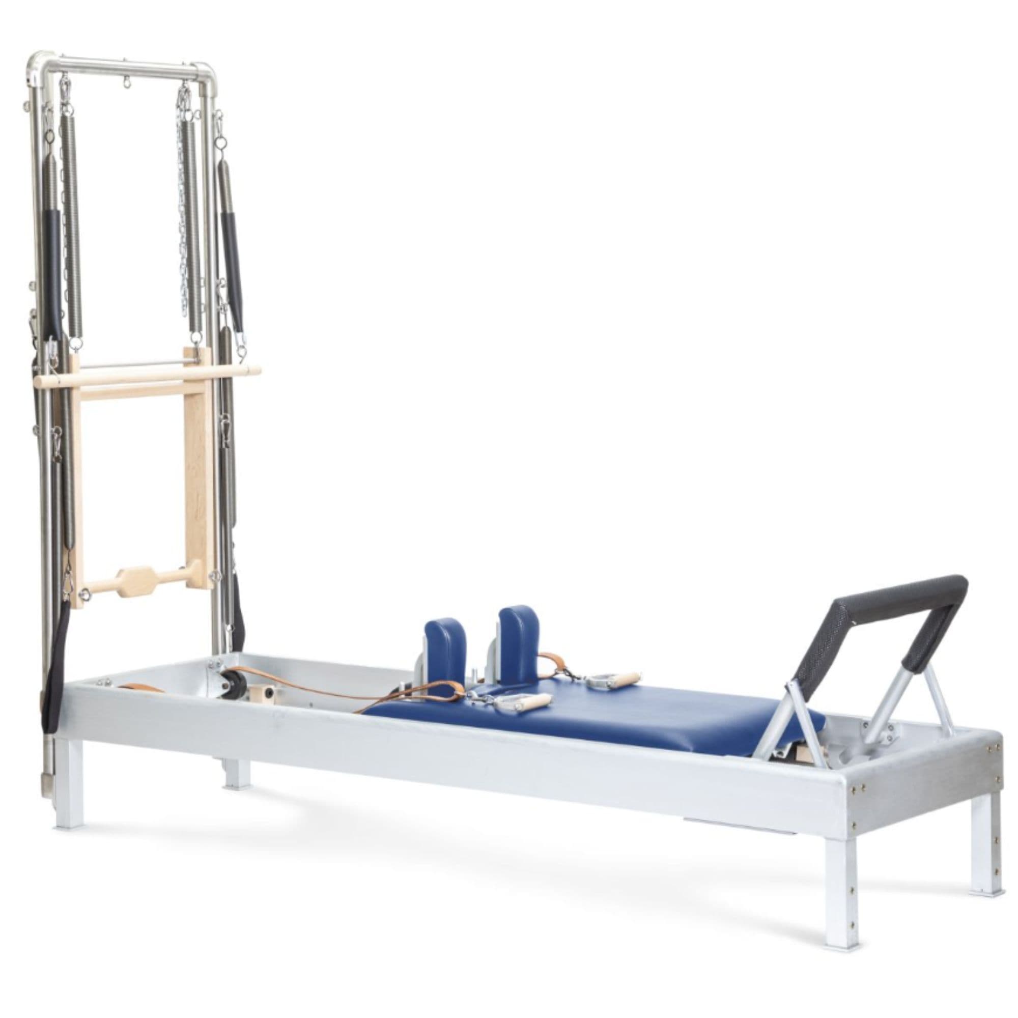 Elina Pilates Classic Aluminium Reformer with Tower 86 Inches Blue Variant Front Angled View On White Background