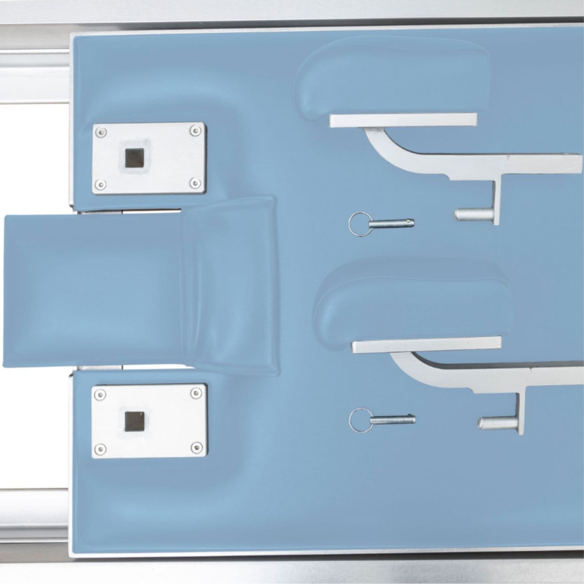 Elina Pilates Classic Aluminium Reformer with Tower 86 Inches Close-Up View Of Ocean Blue Upholstery And Shoulder Rest Assembly Front Angled View On White Background
