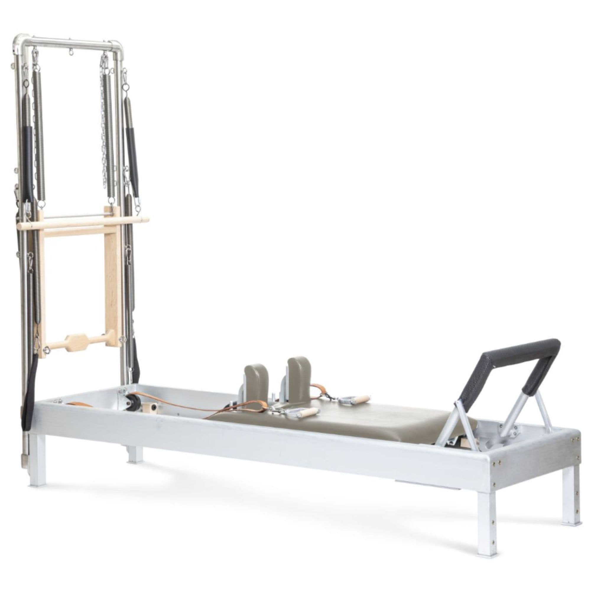 Elina Pilates Classic Aluminium Reformer with Tower 86 Inches Mocha Variant Front Angled View On White Background