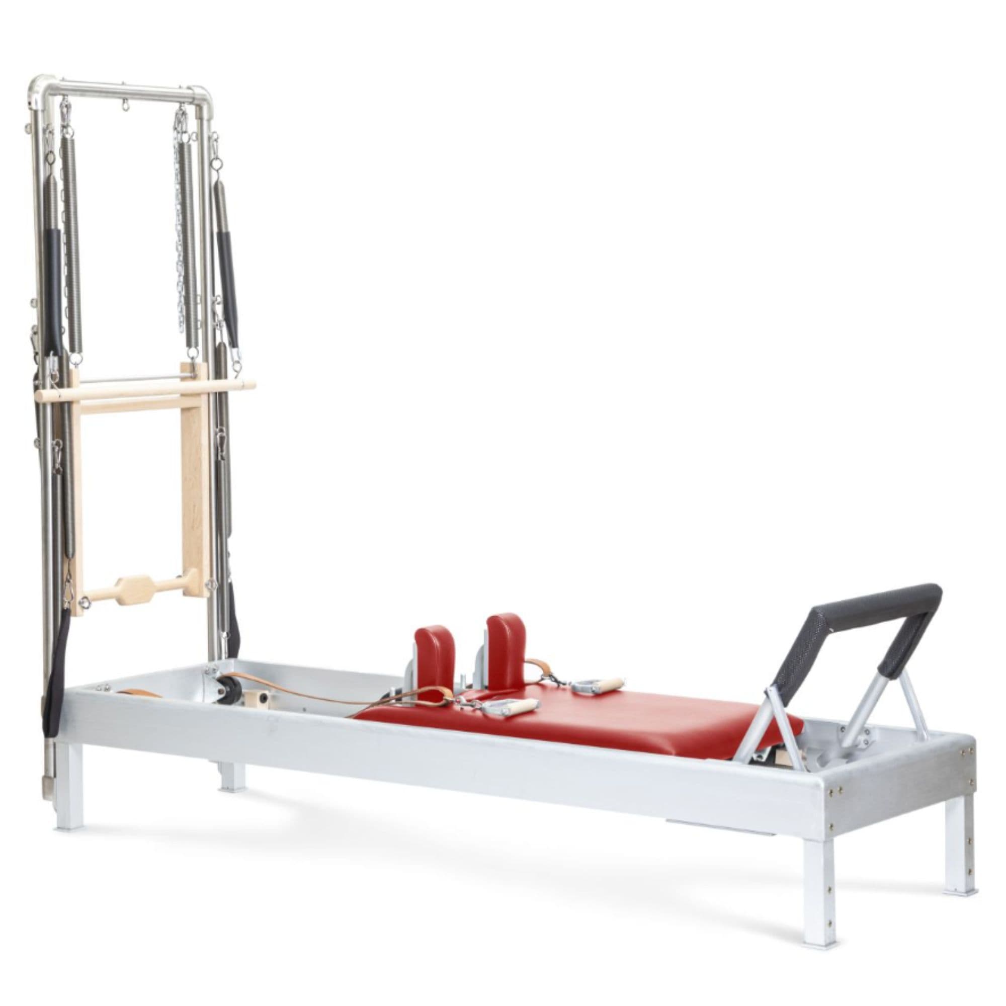 Elina Pilates Classic Aluminium Reformer with Tower 86 Inches Red Variant Front Angled View On White Background