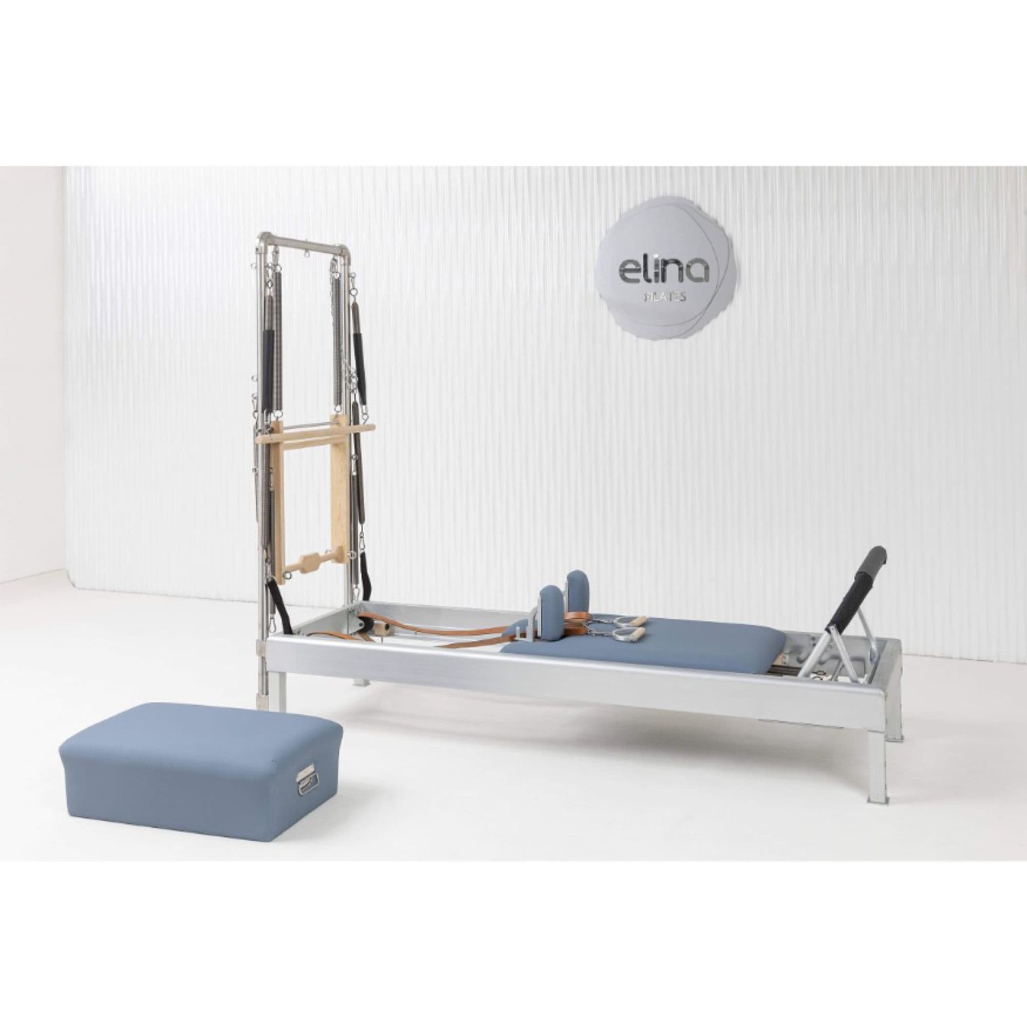 Elina Pilates Classic Aluminium Reformer with Tower Ocean Blue Variant With Complete Accessories On White Background
