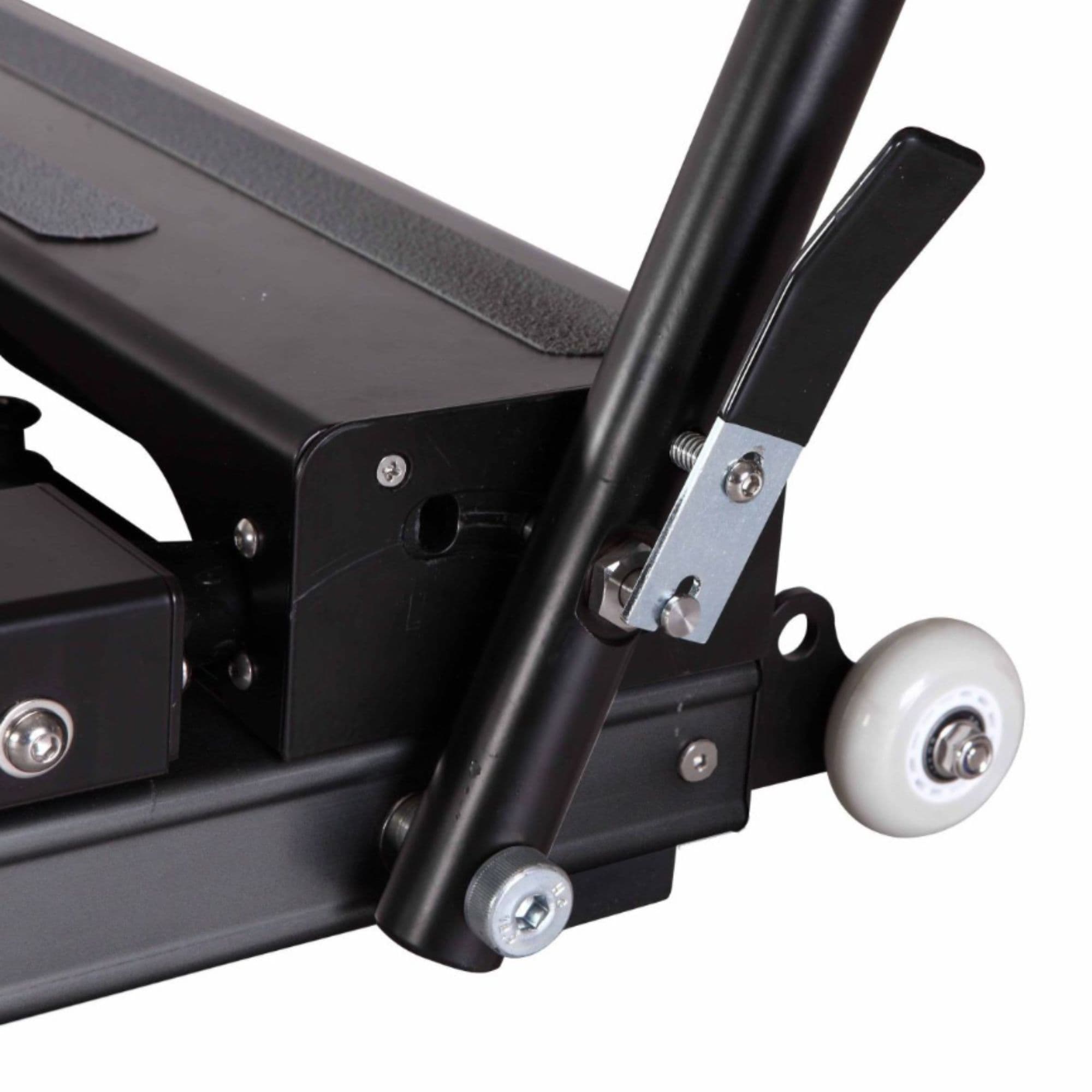 Elina Pilates Domo Reformer Close-Up View Of Folding Frame Locking Mechanism And Transport Wheel On White Background