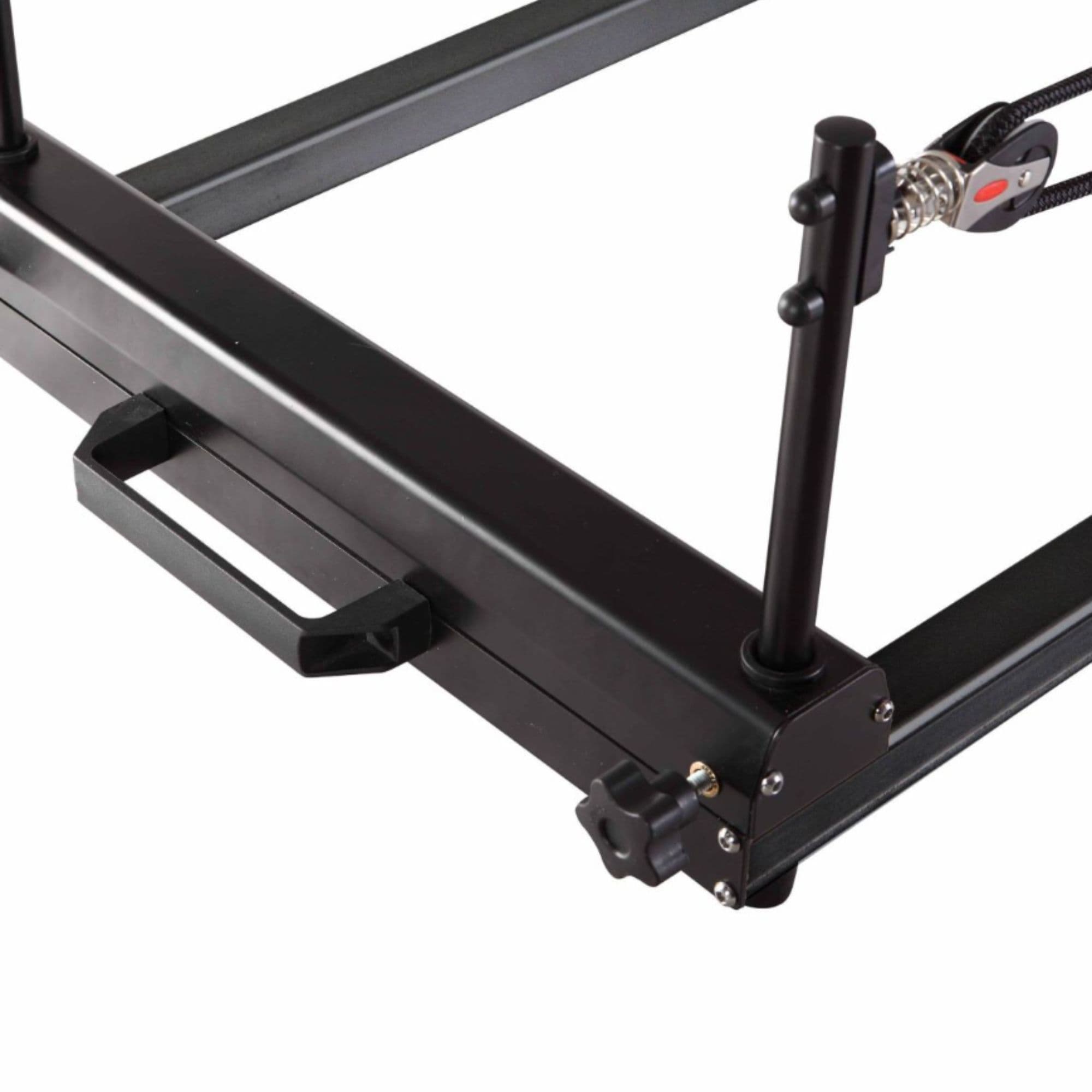 Elina Pilates Domo Reformer Close-Up View Of Rear Frame With Transport Handle And Adjustable Rope Riser On White Background