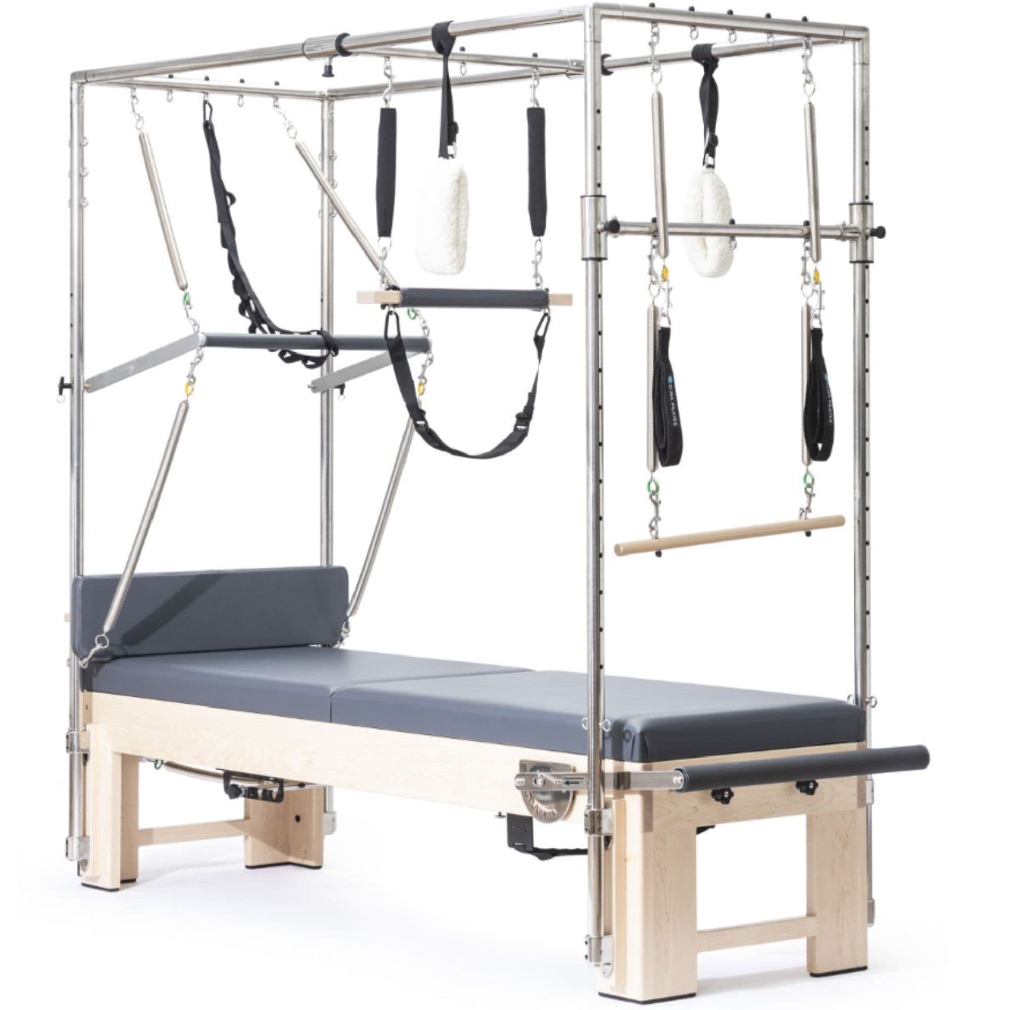 Elina Pilates Elite Cadillac Reformer Grey Variant Front Angled View Of Pilates Cadillac With Frame And Accessories