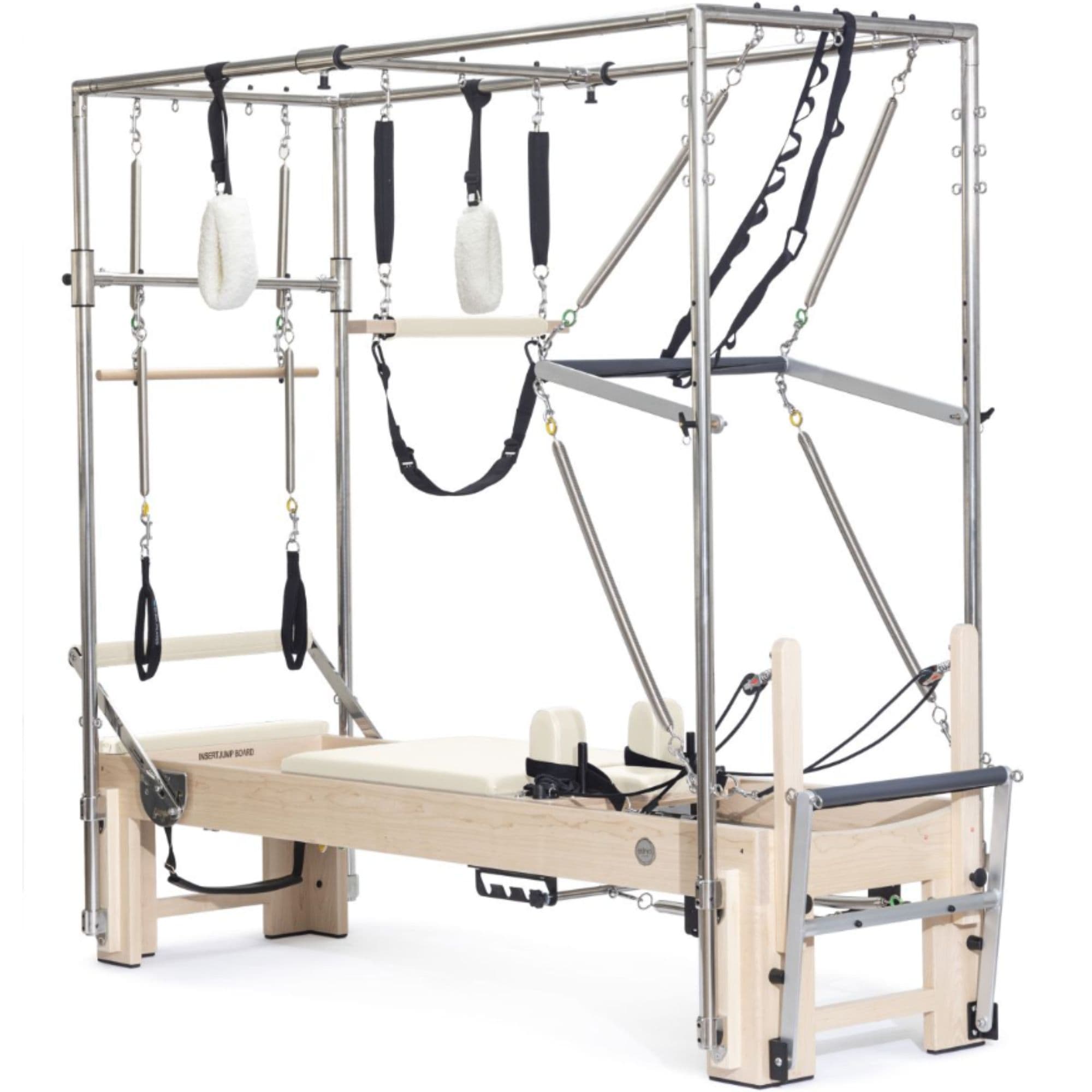 Elina Pilates Elite Cadillac Reformer Tan Or Ivory Variant Front Angled View Of Pilates Cadillac With Frame And Accessories
