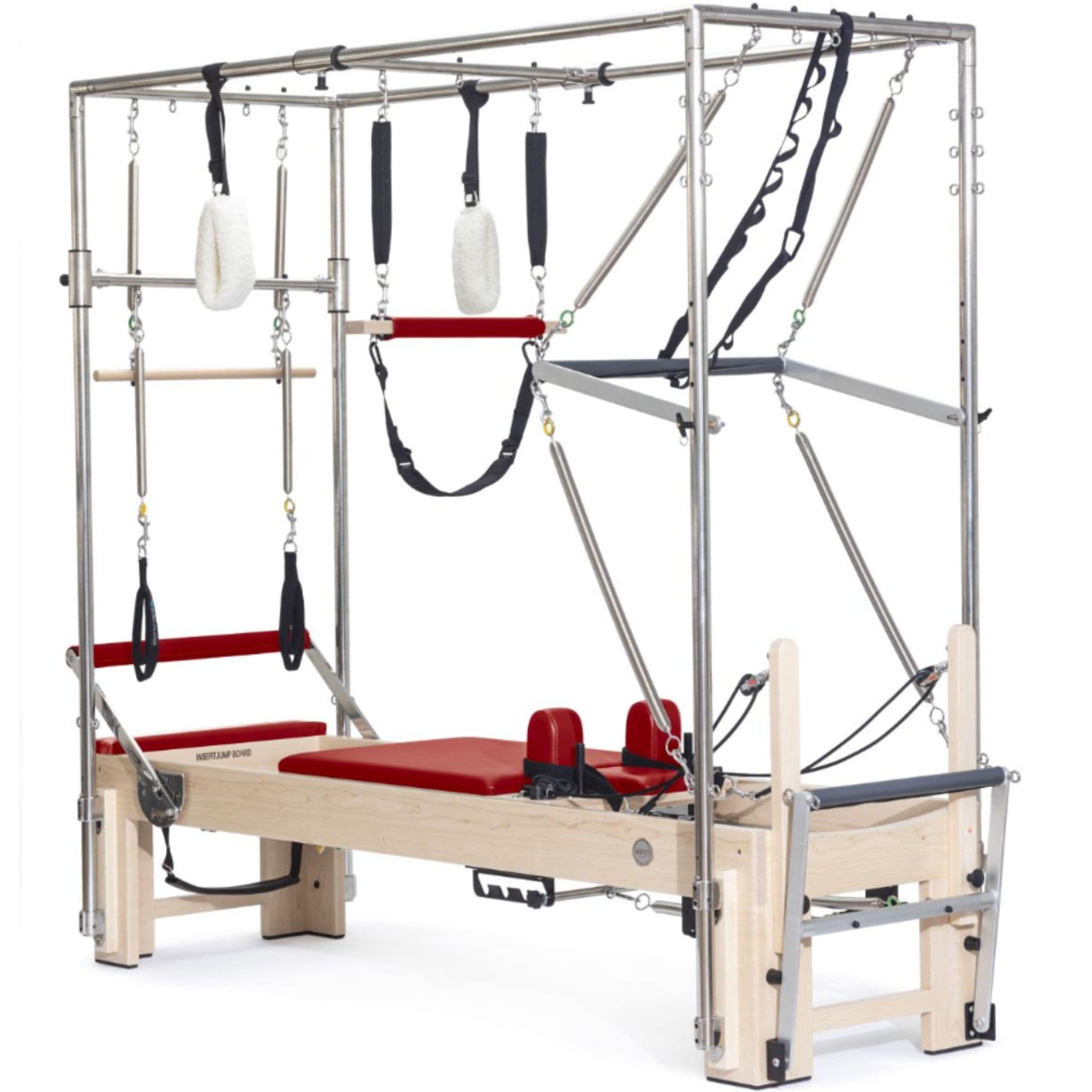 Elina Pilates Elite Cadillac Reformer Trapeze Red Variant Front Angled View Of Pilates Cadillac With Frame And Accessories