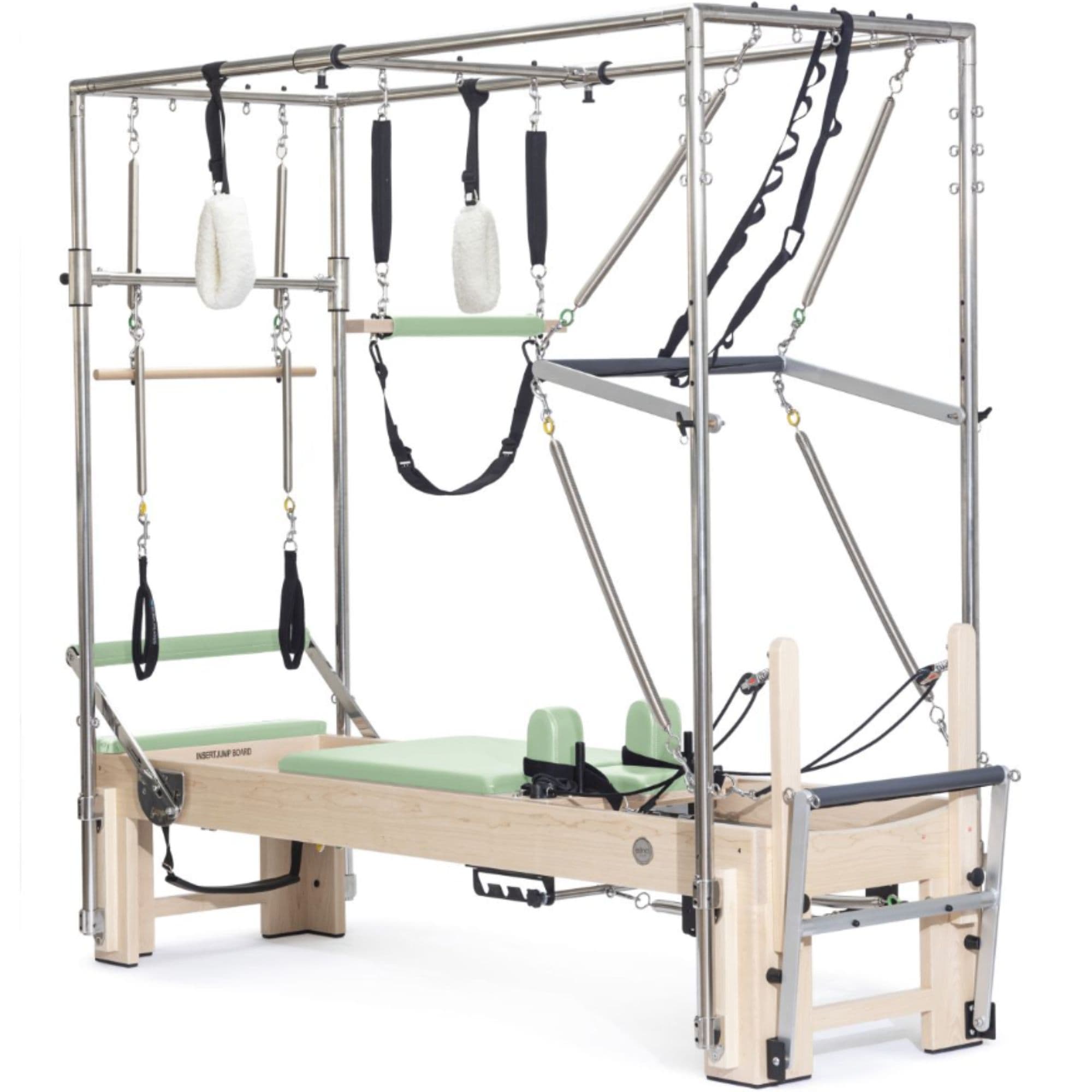 Elina Pilates Elite Cadillac Trapeze Reformer Table Green Variant Front Angled View Of Pilates Cadillac With Frame And Accessories
