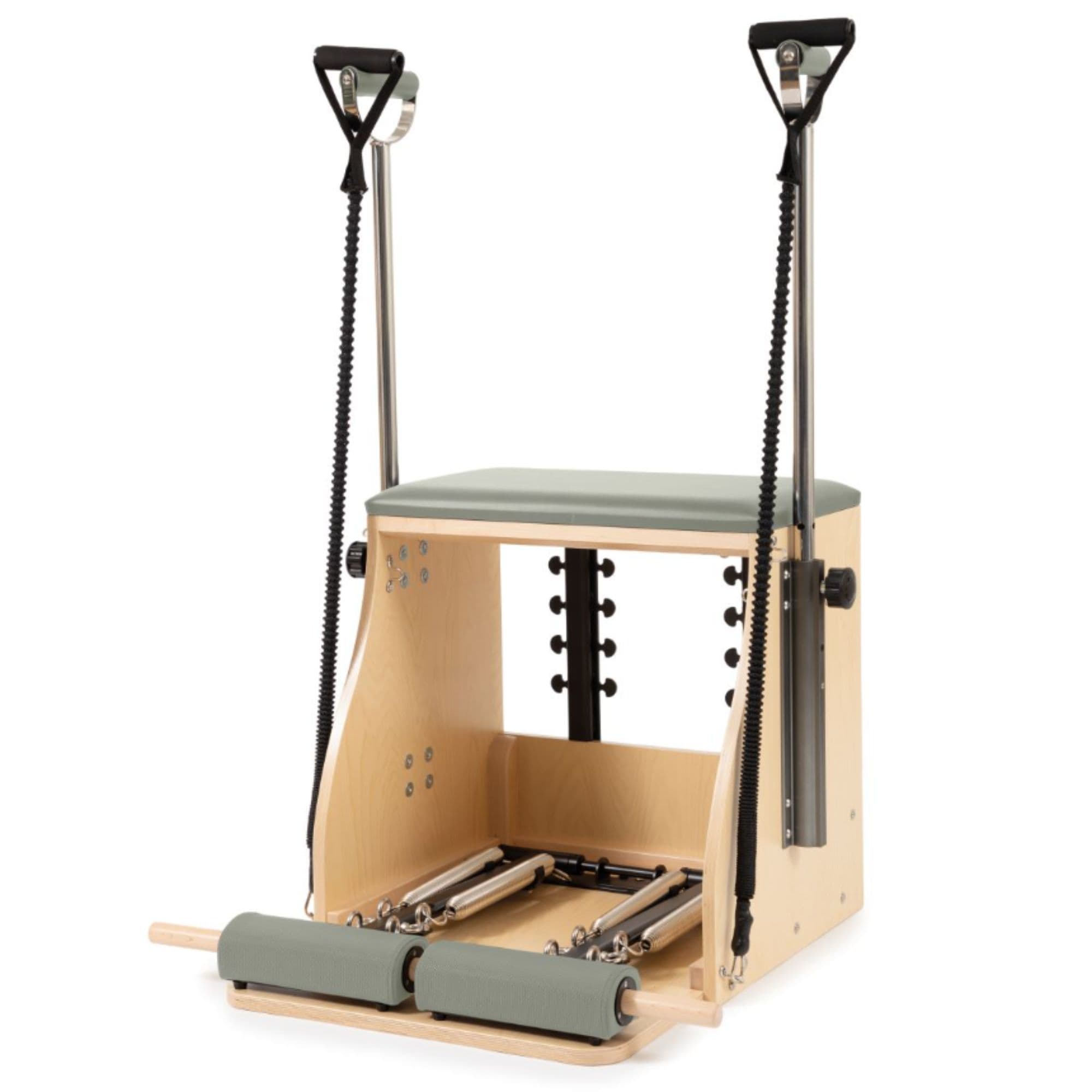 Elina Pilates Elite Wood Combo Chair With Resistance Bands Attached Front Angled View On White Background