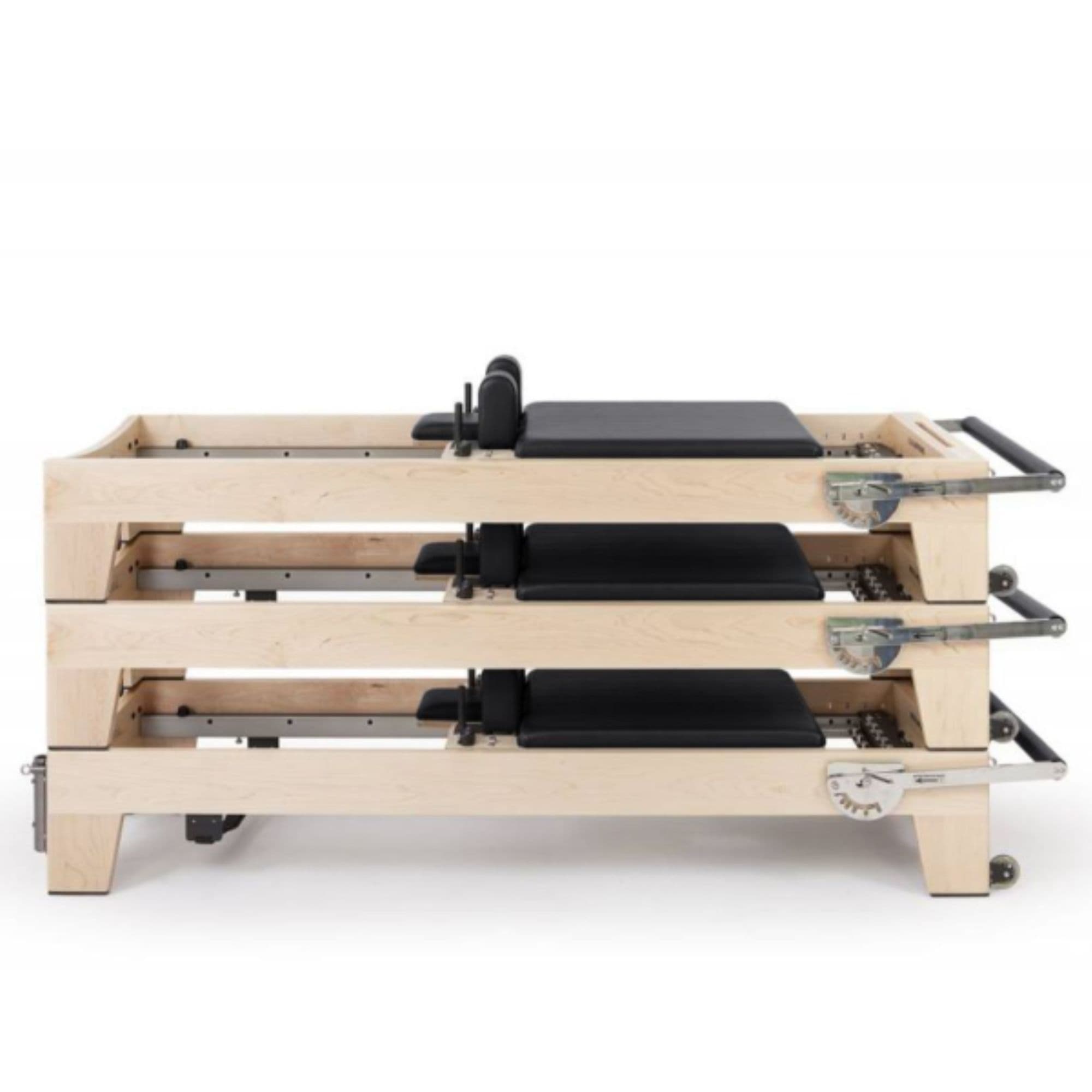 Elina Pilates Elite Wood Reformer Black Variant Side View In Stacked Storage Position On White Background
