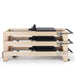 Elina Pilates Elite Wood Reformer Black Variant Side View In Stacked Storage Position On White Background
