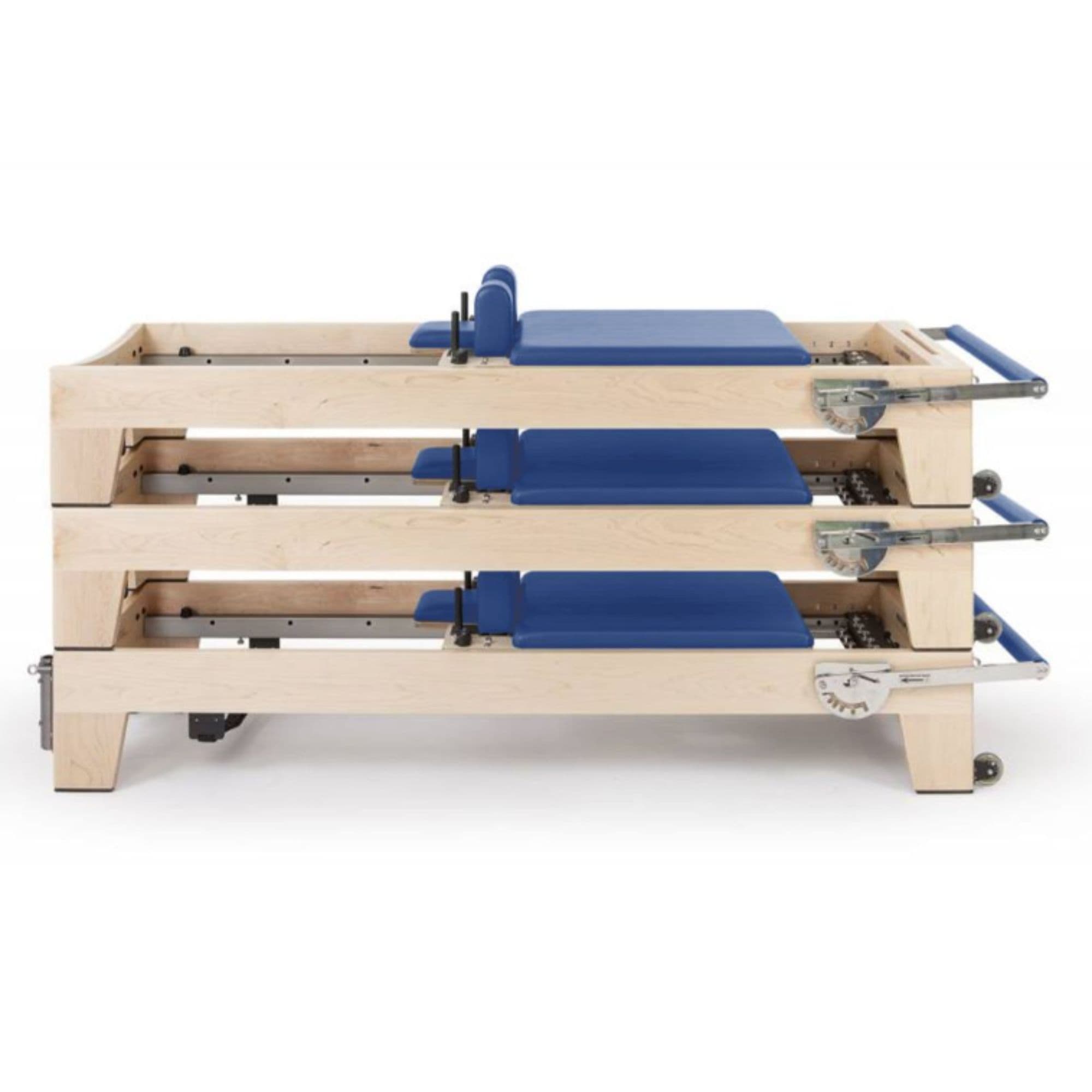 Elina Pilates Elite Wood Reformer Blue Variant Side View In Stacked Storage Position On White Background