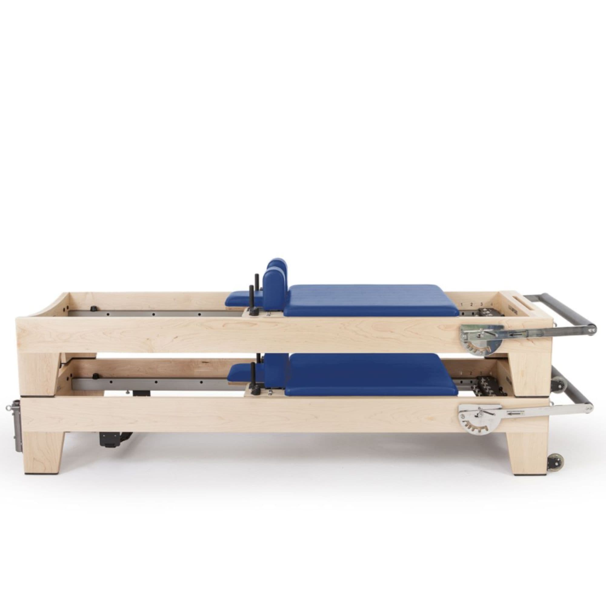 Elina Pilates Elite Wood Reformer Blue Variant Side View In Two Stacked Storage Position On White Background