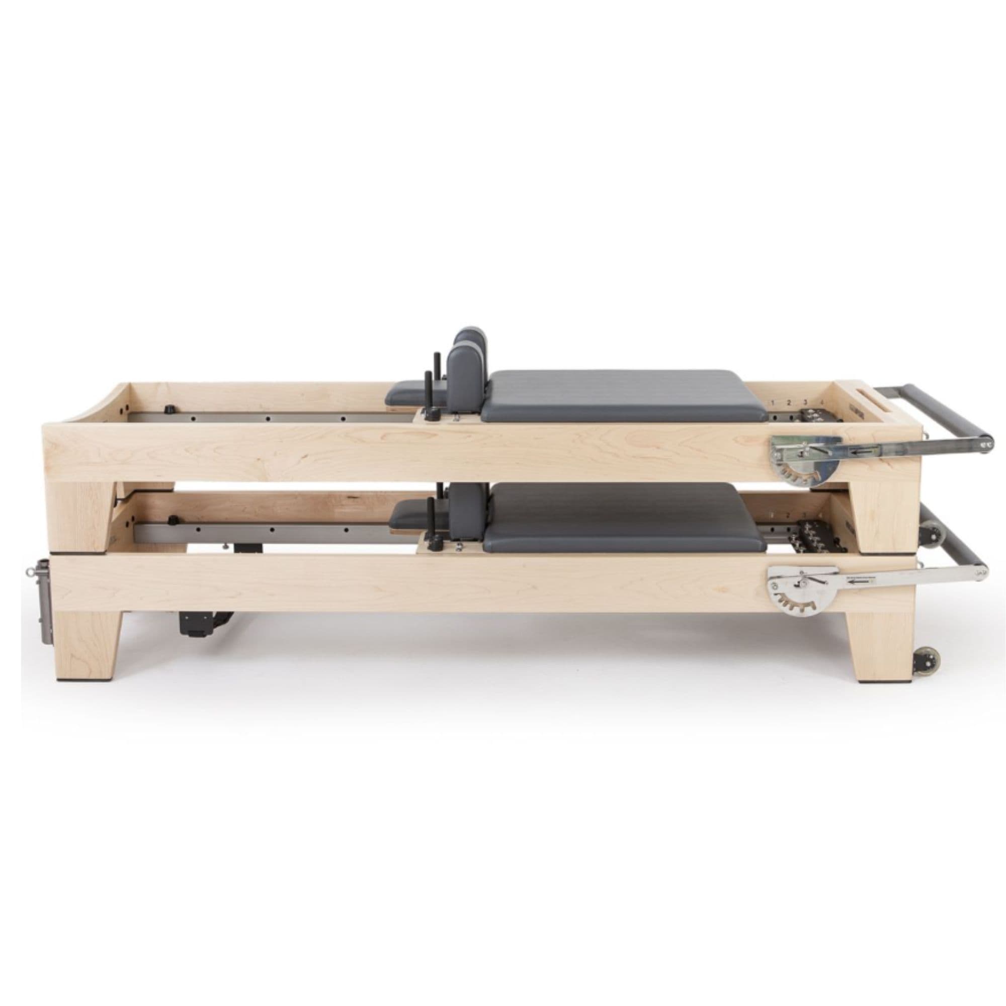 Elina Pilates Elite Wood Reformer Bundle Grey Variant  Side View In Two Stacked Storage Position On White Background