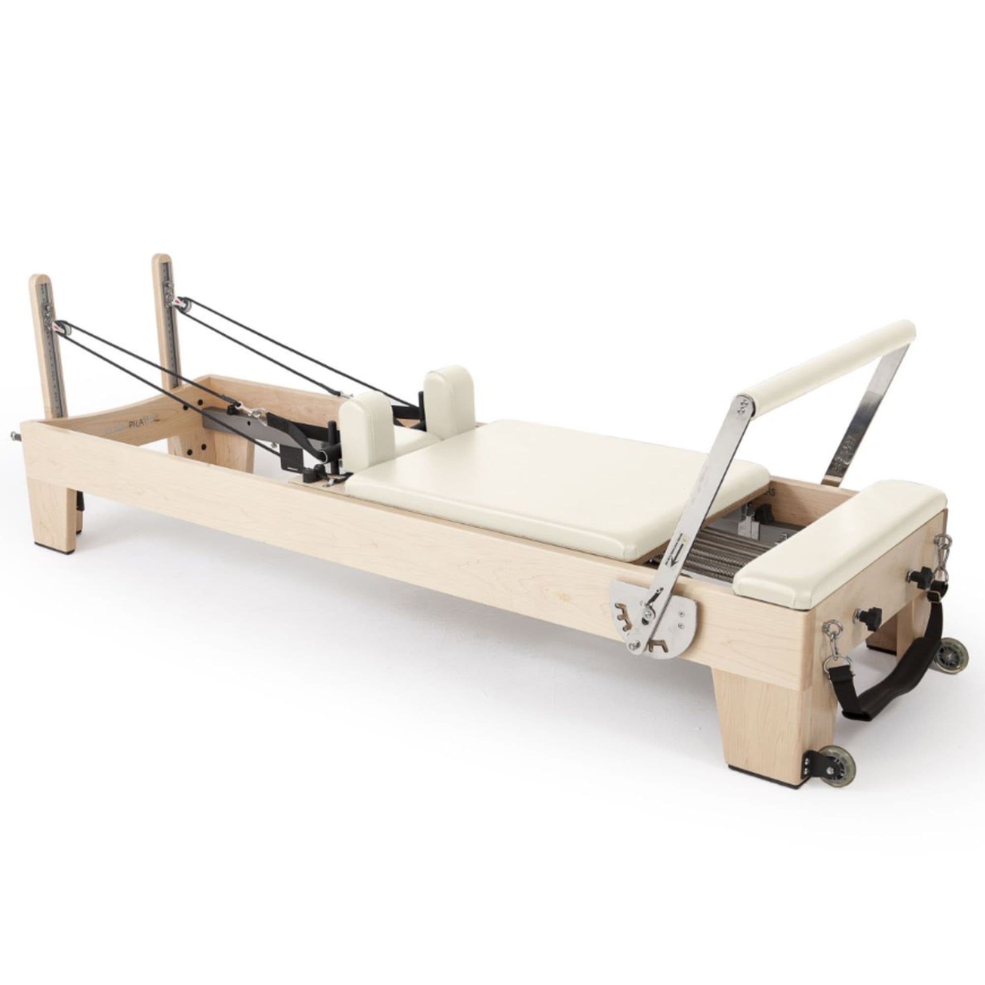 Elina Pilates Elite Wood Reformer Bundle Ivory Variant Front Angled View On White Background