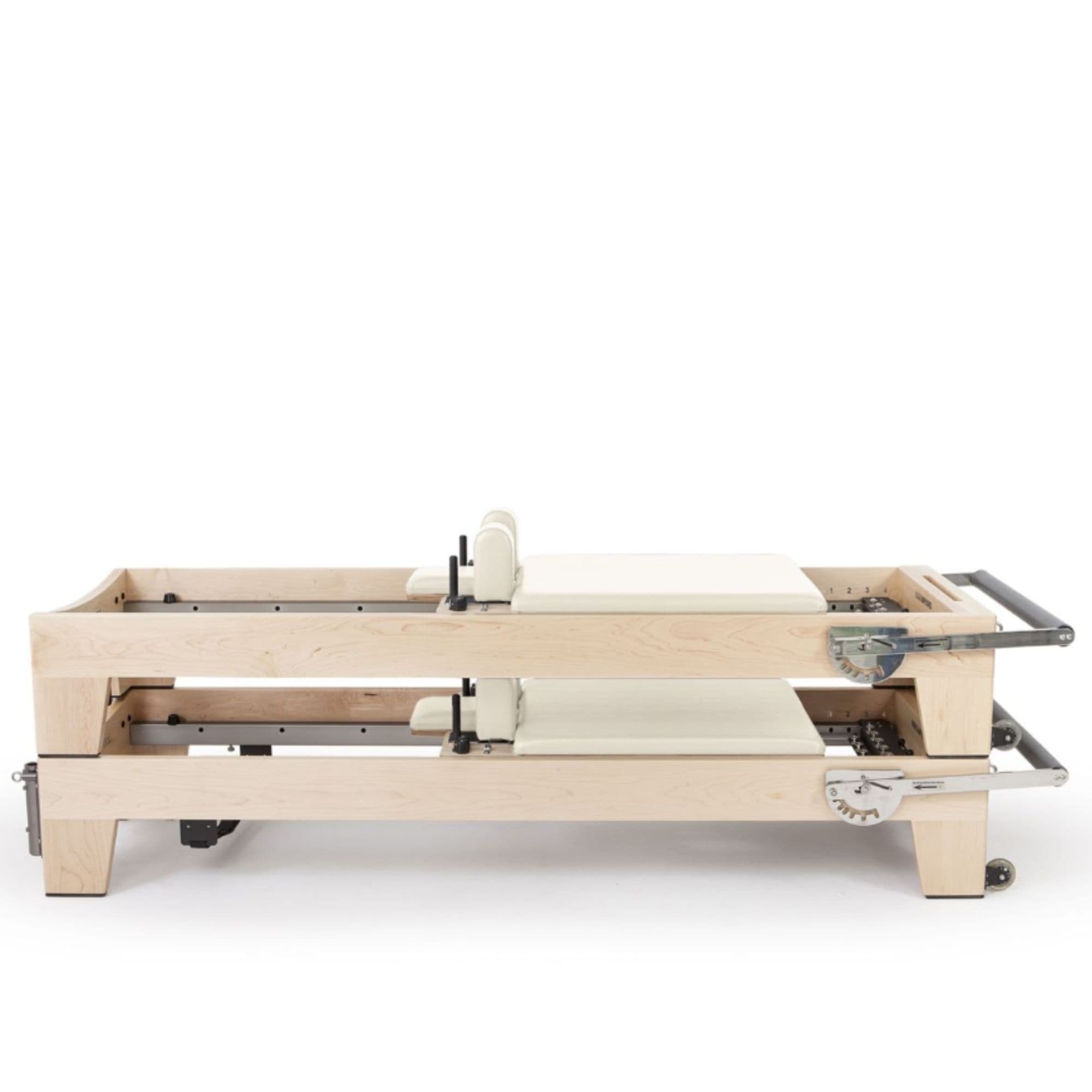 Elina Pilates Elite Wood Reformer Bundle Ivory Variant Side View In Two Stacked Storage Position On White Background
