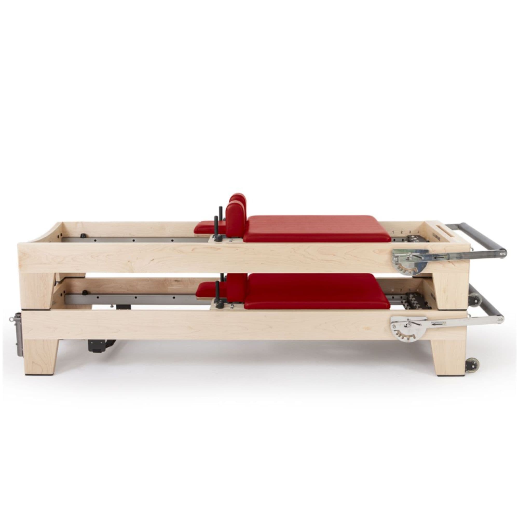 Elina Pilates Elite Wood Reformer Bundle Red Variant Side View In Two Stacked Storage Position On White Background