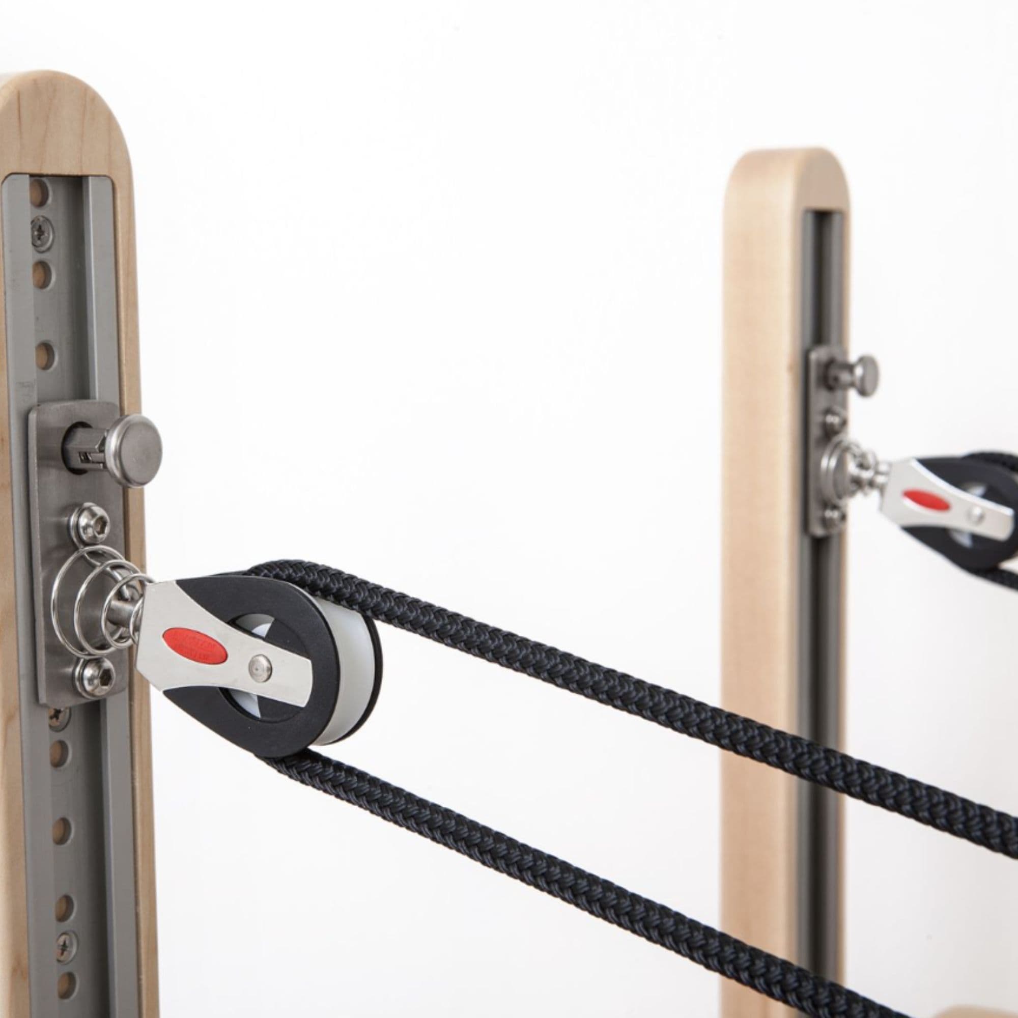 Elina Pilates Elite Wood Reformer Close-Up View Of Rope Pulley System On White Background