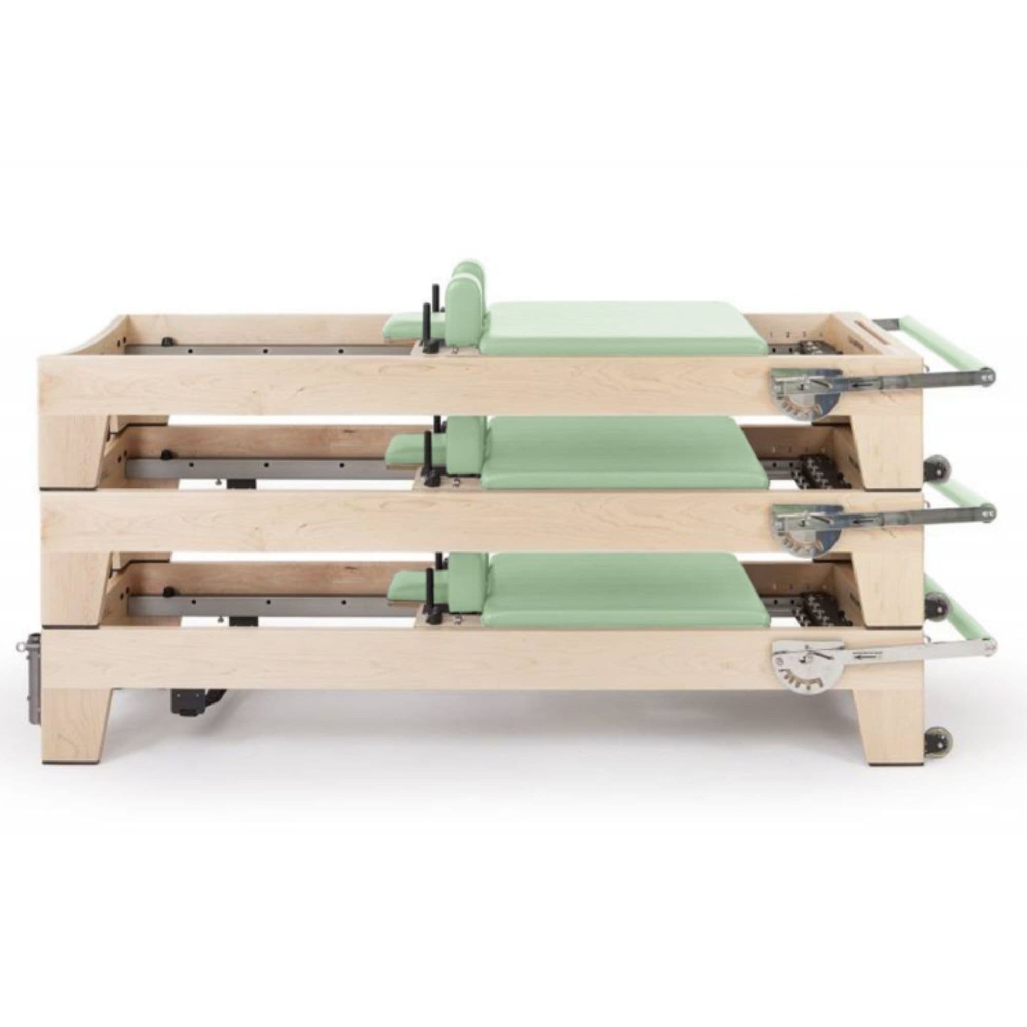 Elina Pilates Elite Wood Reformer Green Variant Side View In Stacked Storage Position On White Background