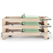 Elina Pilates Elite Wood Reformer Green Variant Side View In Stacked Storage Position On White Background