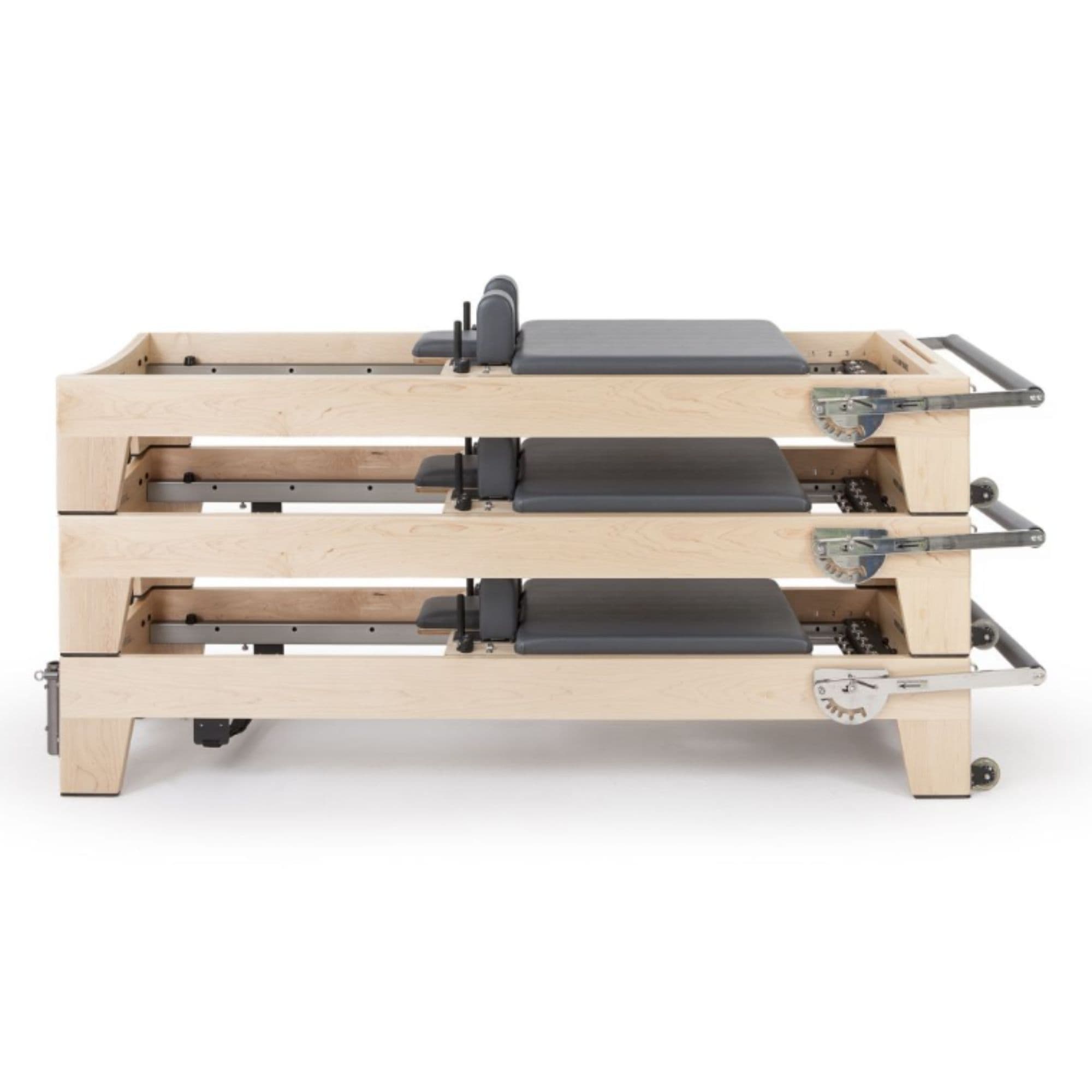 Elina Pilates Elite Wood Reformer Grey Variant Side View In Stacked Storage Position On White Background