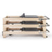 Elina Pilates Elite Wood Reformer Grey Variant Side View In Stacked Storage Position On White Background