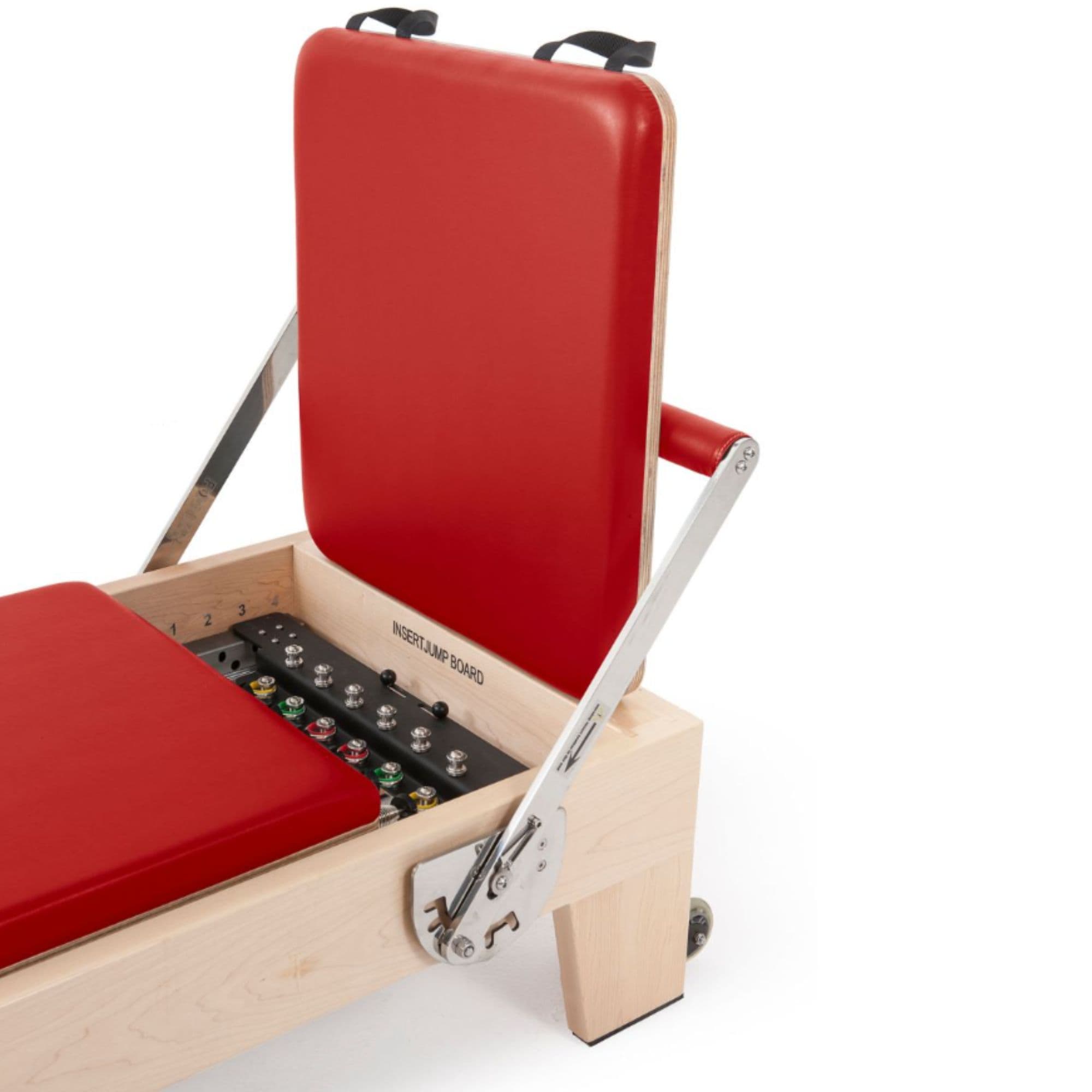 Elina Pilates Elite Wood Reformer Red Variant Close-Up View Of Jumpboard With Spring Resistance Controls On White Background