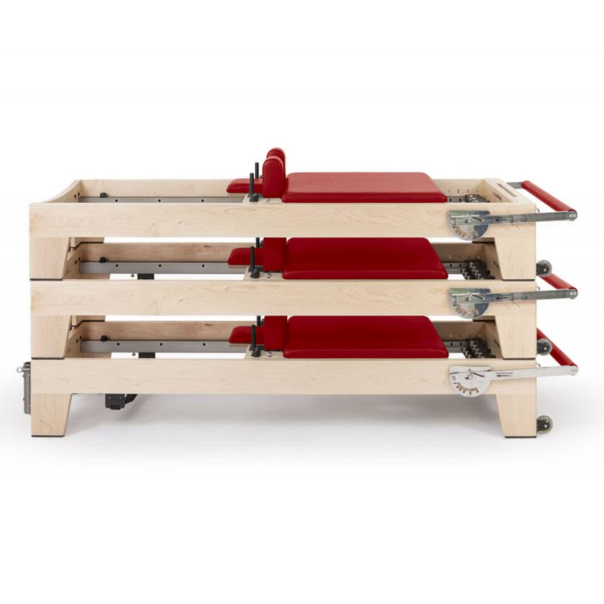 Elina Pilates Elite Wood Reformer Red Variant Side View In Stacked Storage Position On White Background