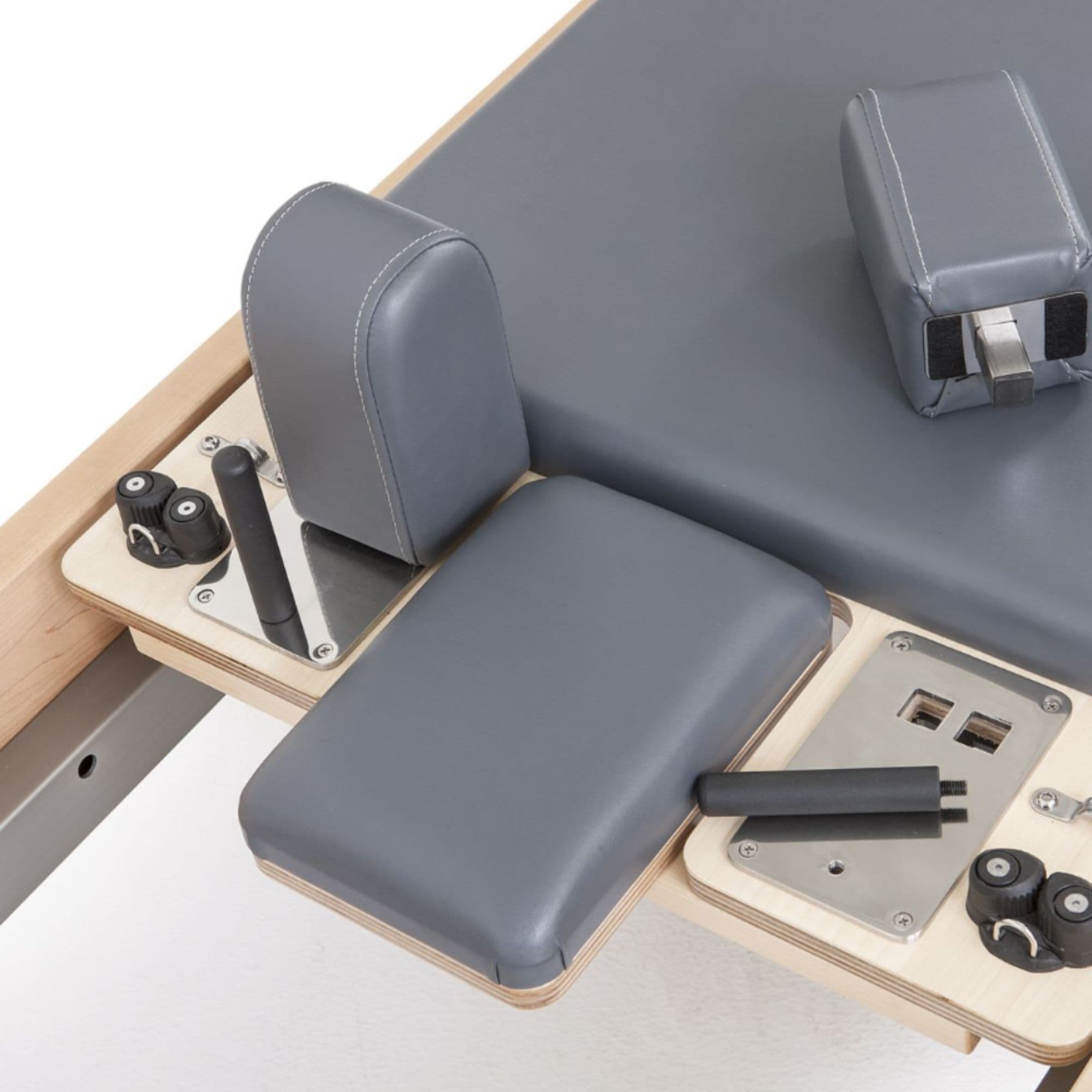 Elina Pilates Elite Wood Reformer & Tower Set Close-Up View Of Shoulder Blocks And Sitting Box Attachment Components