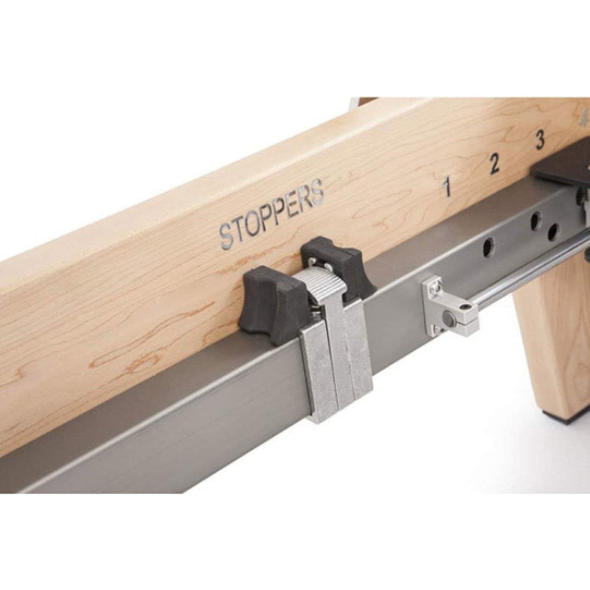 Elina Pilates Elite Wood Reformer with Tower Detail View Of Adjustable Stopper Block And Rail System