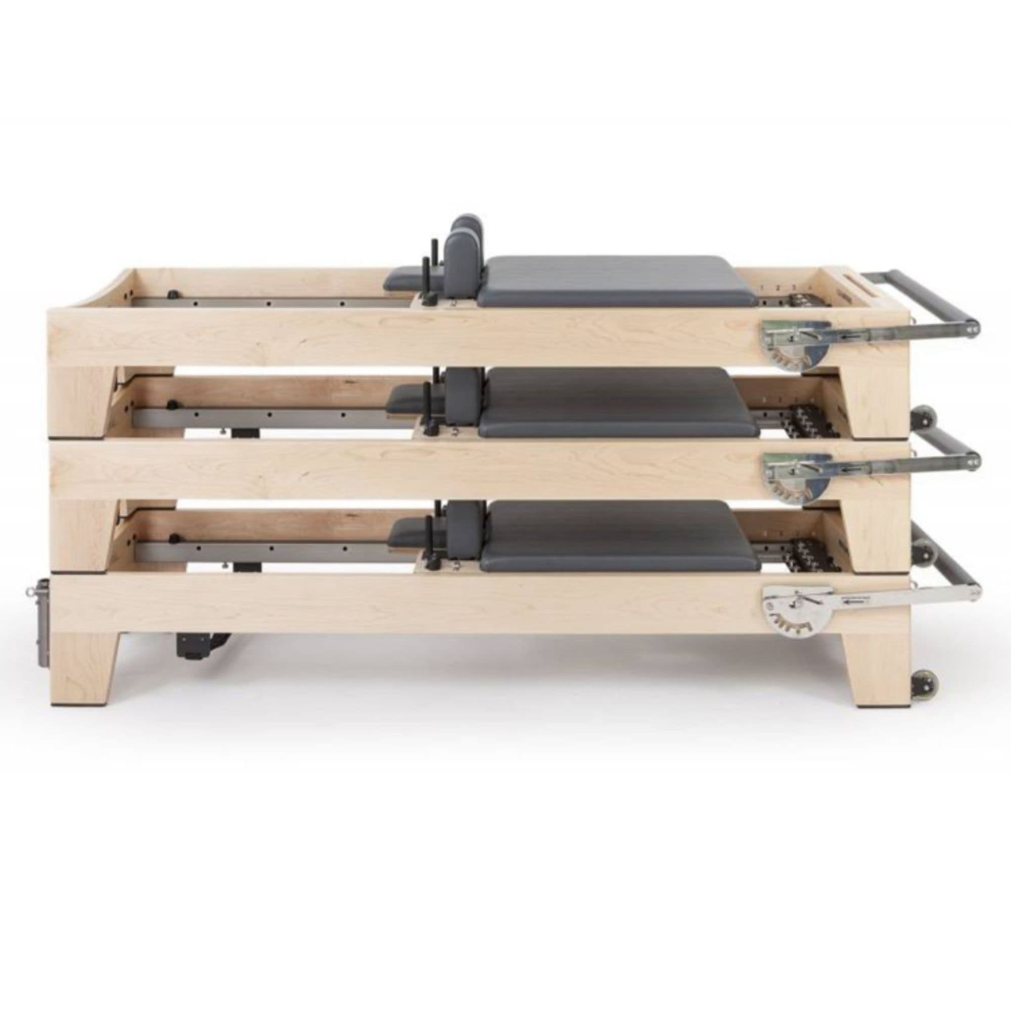Elina Pilates Elite Wood Reformer with Tower With Gray Variant Side View In Stacked Storage Position On White Background