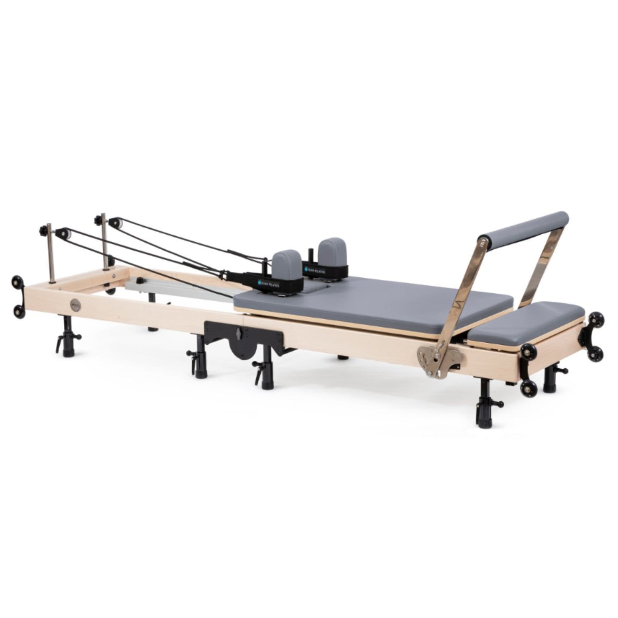Elina Pilates Foldable Reformer With Box Grey Variant Side View With Rope And Spring Resistance System