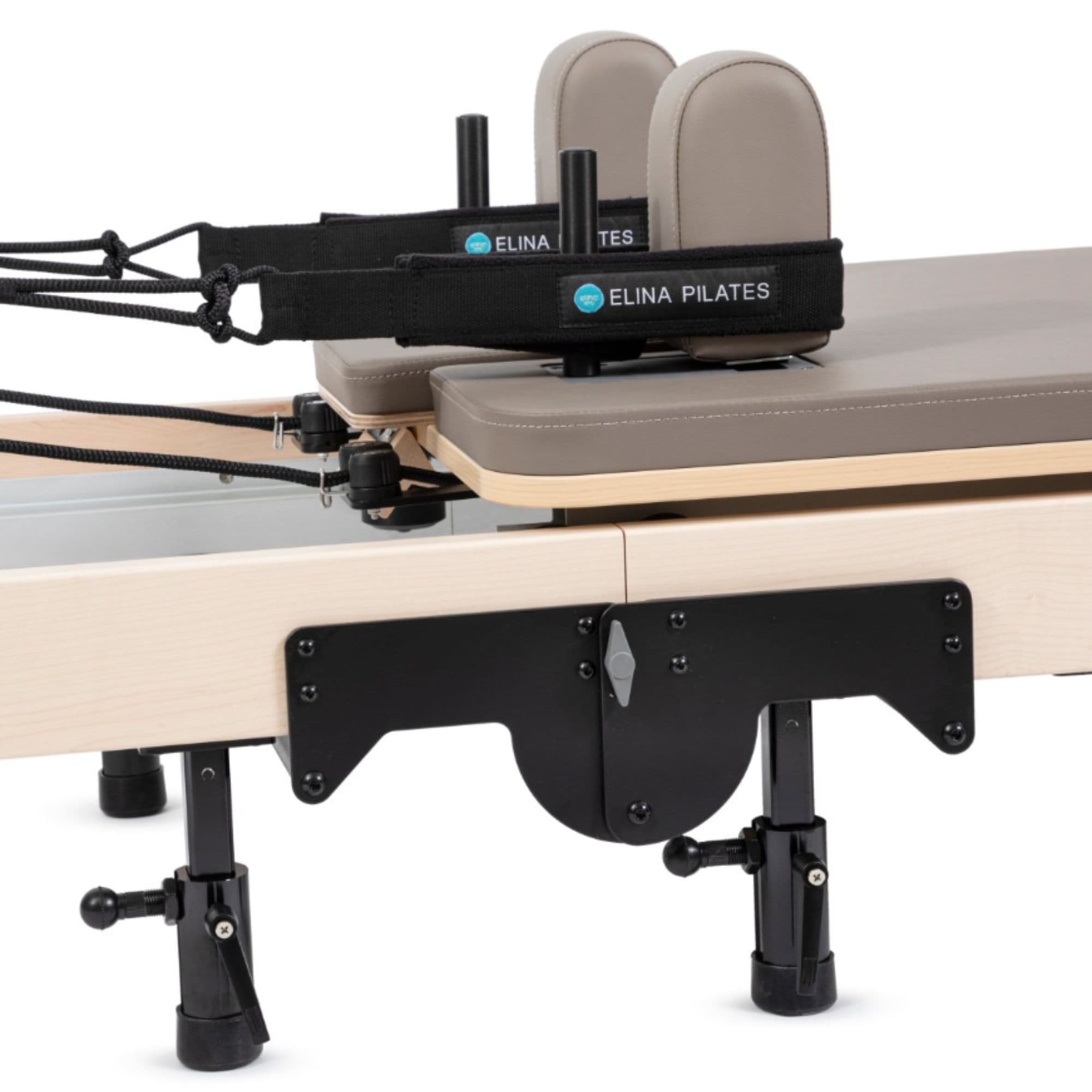 Elina Pilates Foldable Reformer With Box Mocha Variant Close-Up View Of The Carriage And Adjustable Shoulder Rests