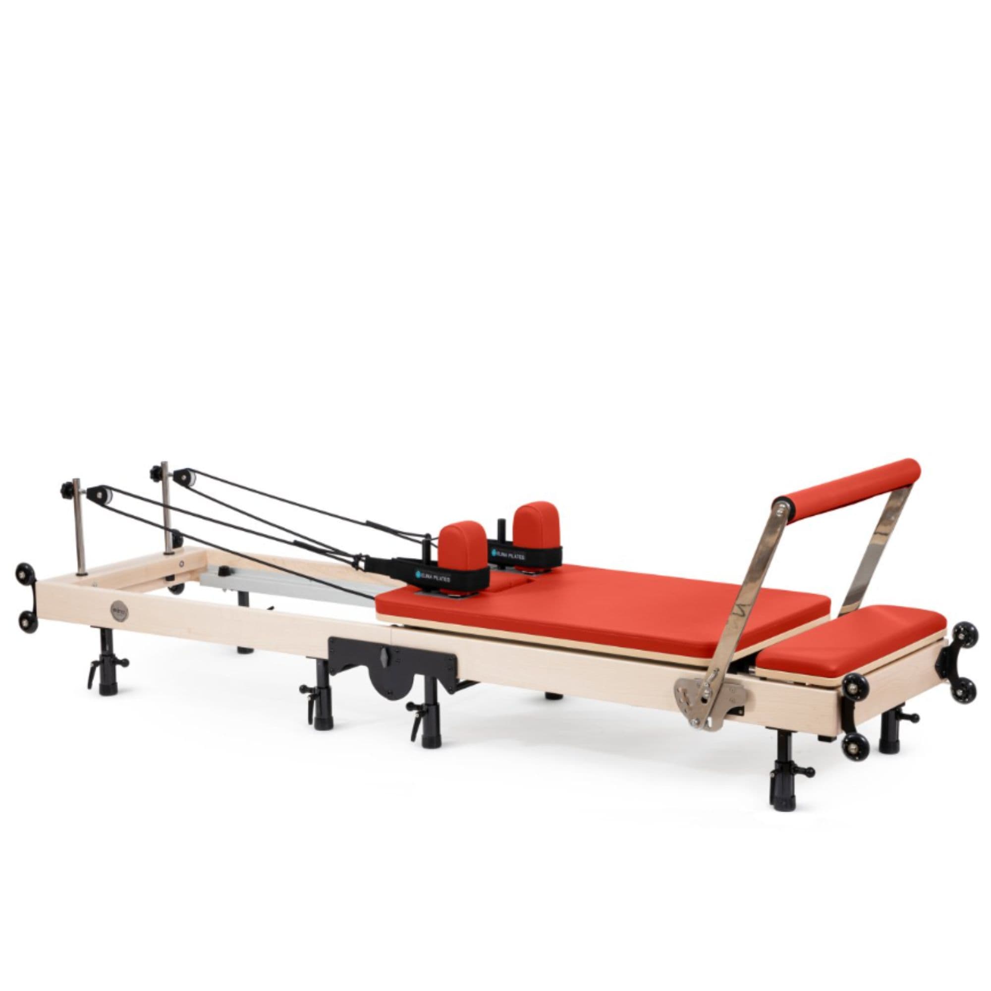 Elina Pilates Foldable Reformer With Box Red Variant Side View With Rope And Spring Resistance System