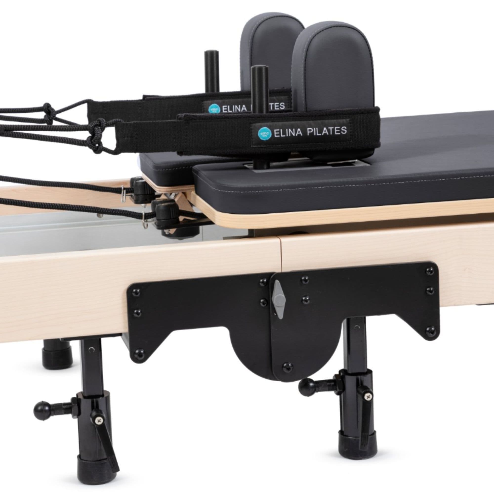 Elina Pilates Foldable Reformer for Home Black Variant Close-Up View Of The Carriage And Adjustable Shoulder Rests