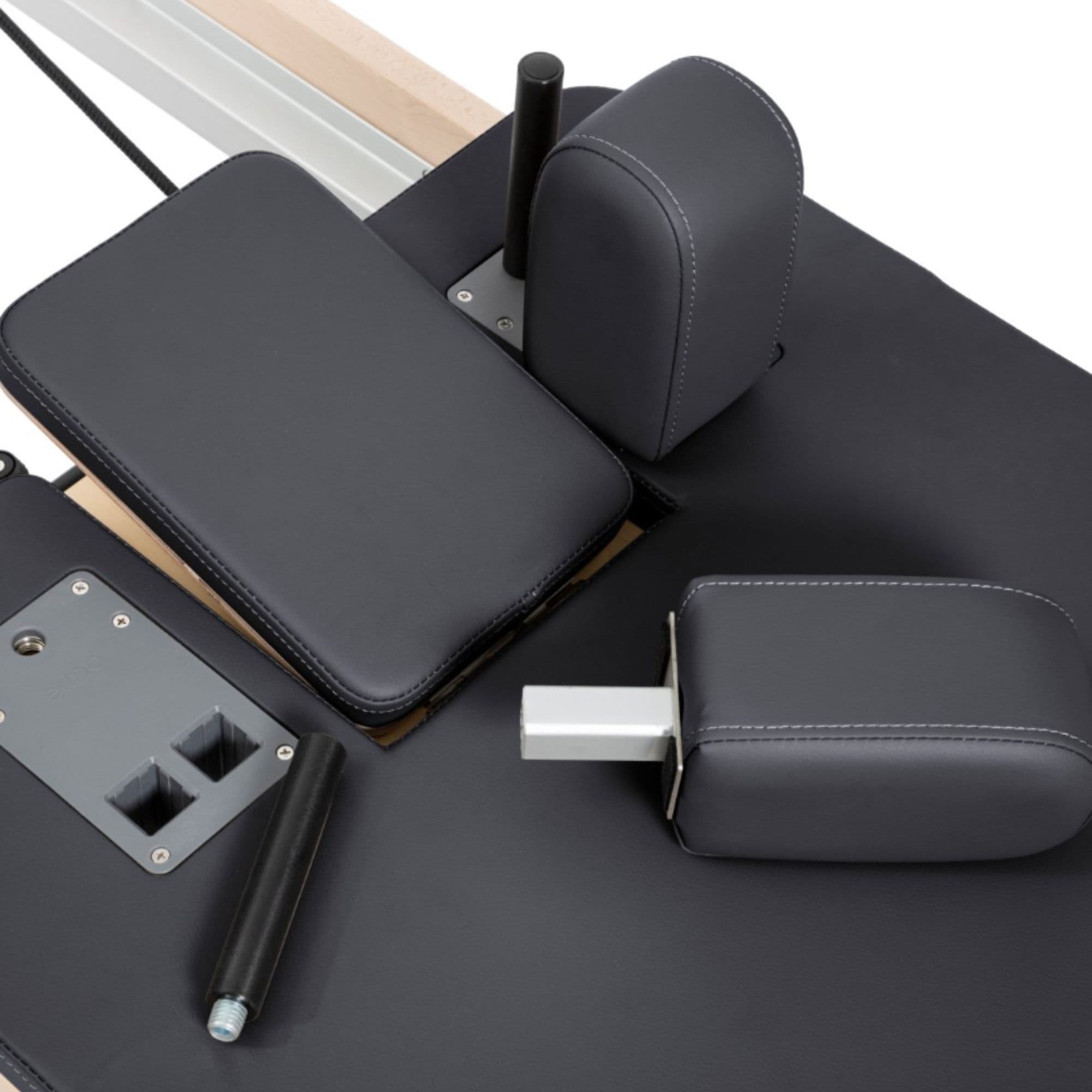 Elina Pilates Foldable Reformer for Home Black Variant Close-Up View Showing Removable Headrest And Shoulder Rest System
