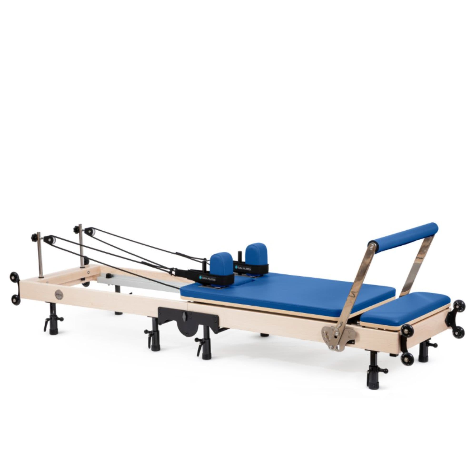 Elina Pilates Foldable Reformer for Home Blue Variant Side View With Rope And Spring Resistance System
