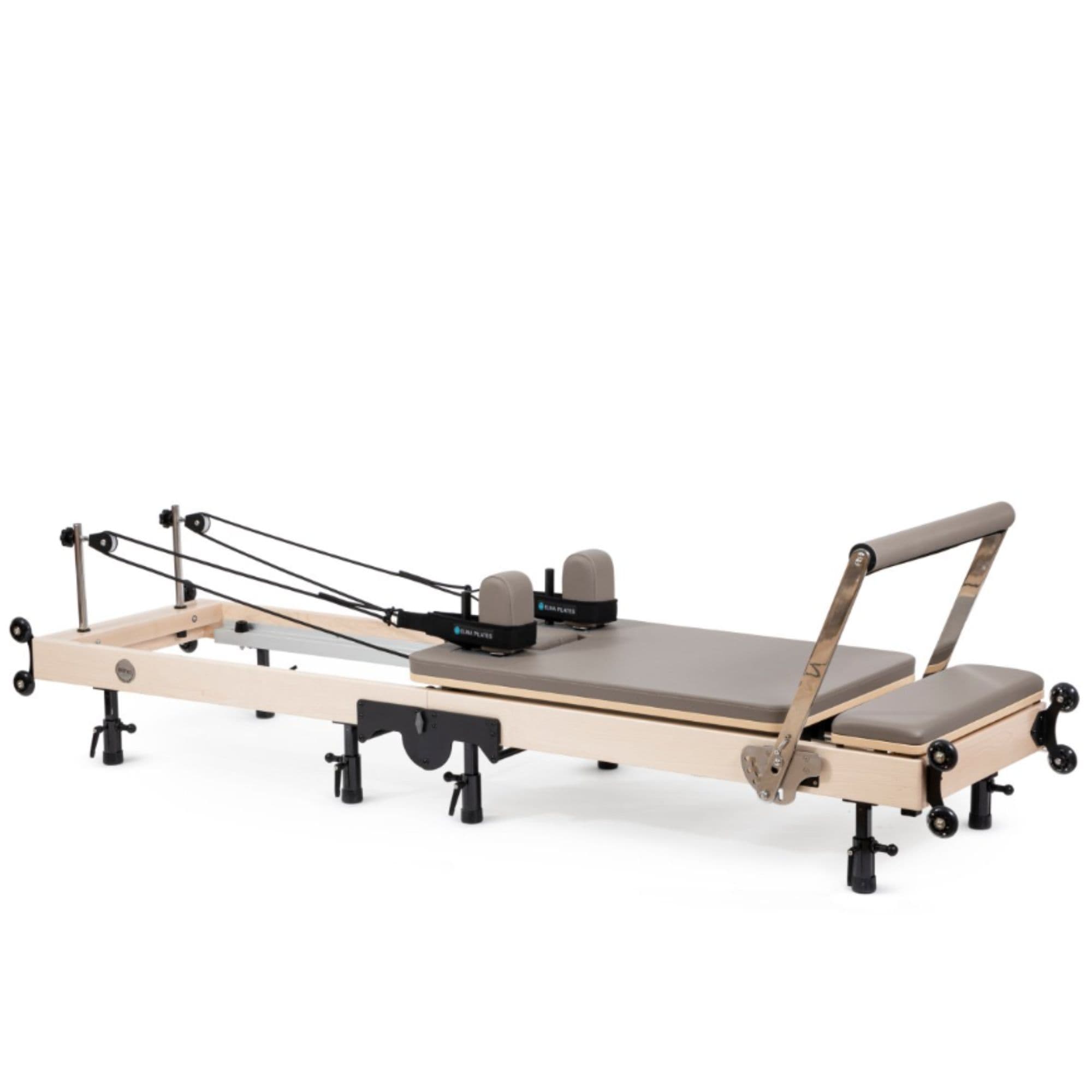 Elina Pilates Foldable Reformer for Home Mocha Variant Side View With Rope And Spring Resistance System